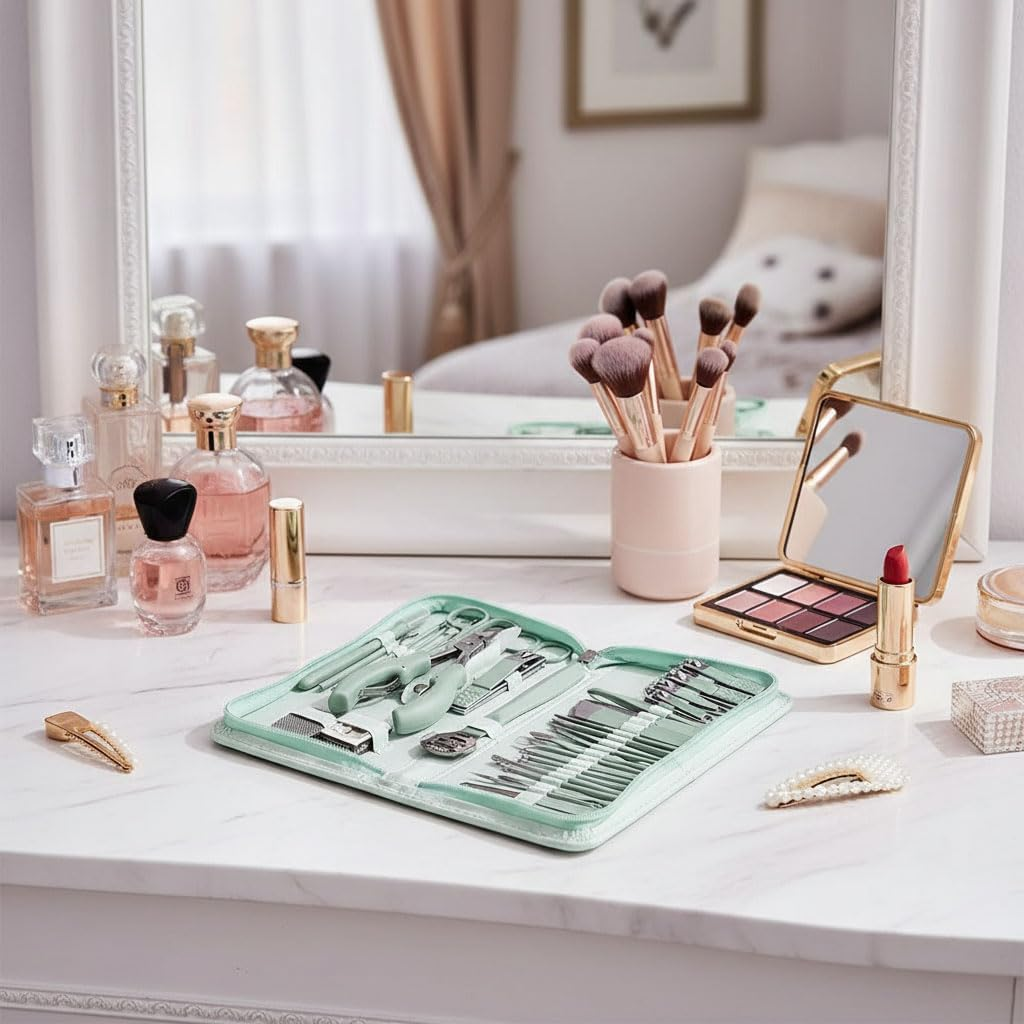 35 in 1 Professional Manicure & Pedicure Set, Stainless Steel Nail Care Kit with Leather Case &ndash; Portable Nail Tools for Travel & Home Use (Green)