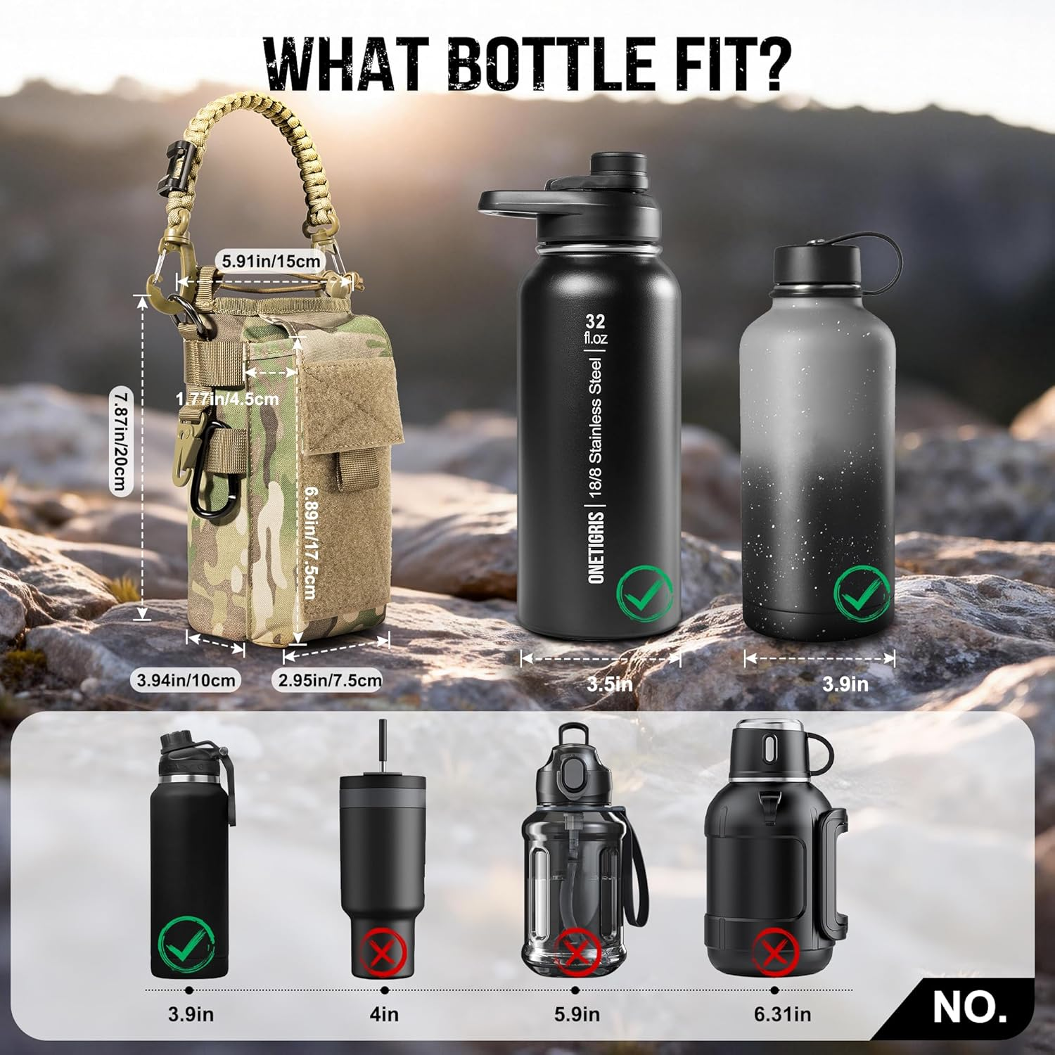 Onetigris Tactical Molle Water Bottle Holder 16-32 Oz - Multi-Function Carrier Bag with Phone Pocket & Paracord Handle for Hiking Gym Camping - Camo image number 5