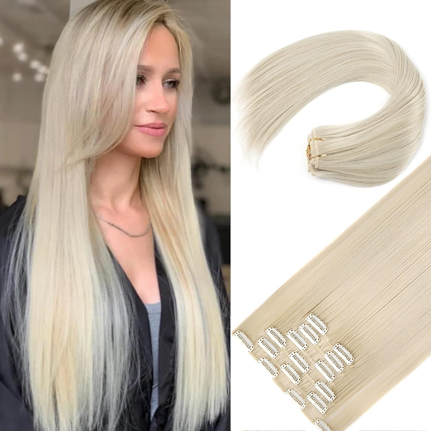 6Pcs Long Straight Black Clip in Hair Extensions for Women, Natural & Good Connectivity Hair Extensions Clip In,Straight Human Hair Clip in Extensions,24Inch (Light Brown) - Blonde Mix Brown image number 2