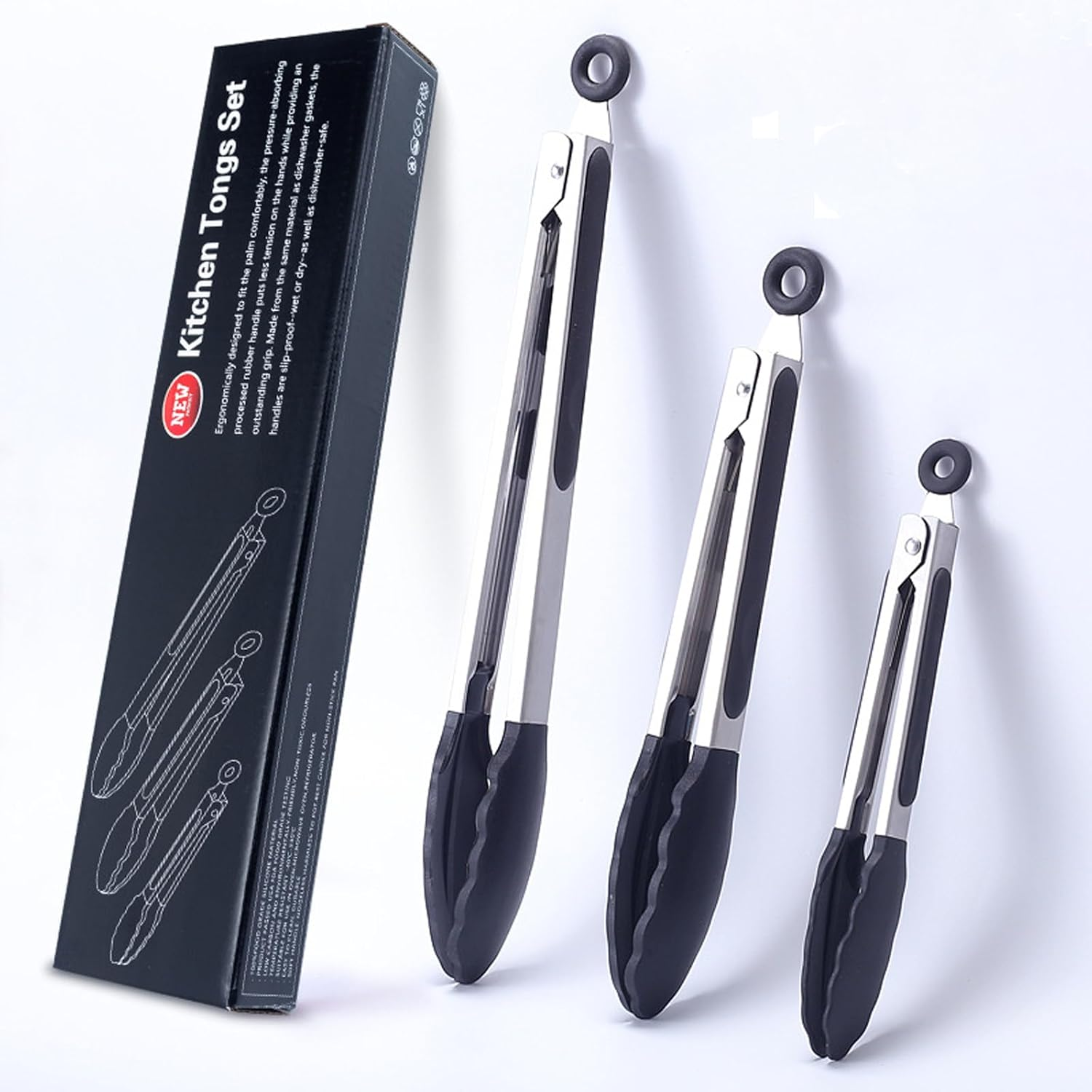 3Pcs (7", 9" & 12") Set Silicone Heat Resistant Kitchen Tongs,Premium Locking Cooking Tongs with Silicone Tips, Non-Slip Food Tongs for Cooking, Non-Stick, Stainless Steel Handle,