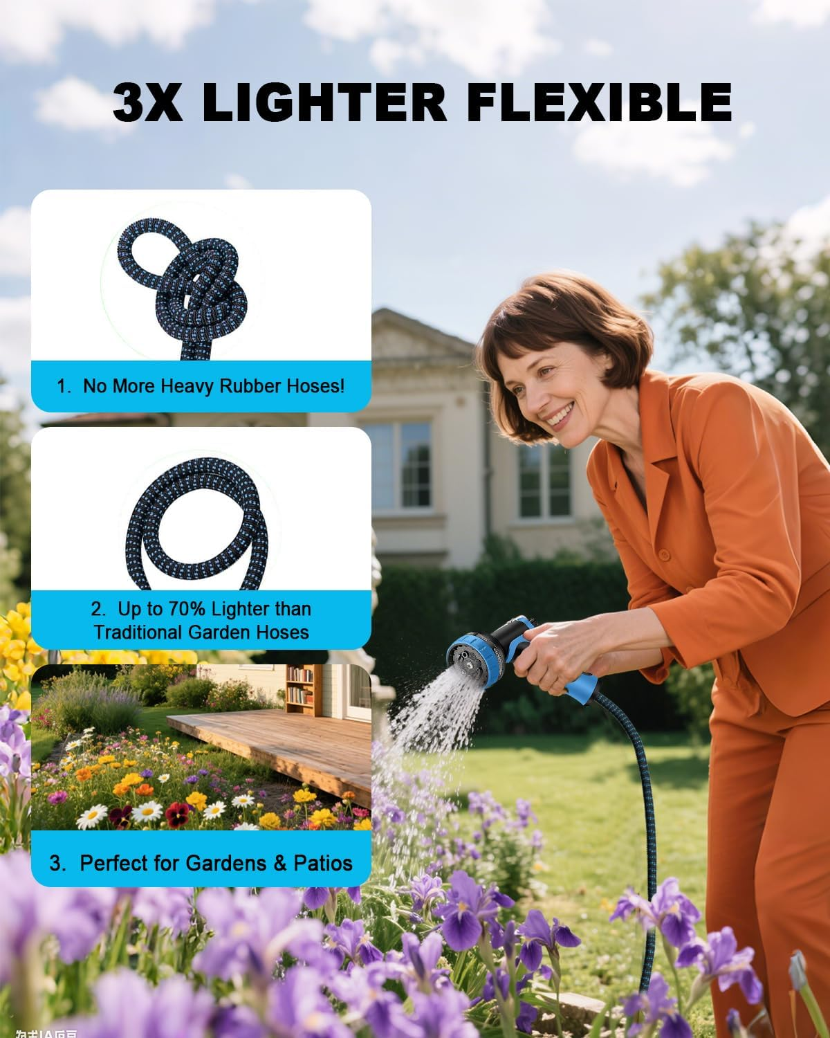 Expandable Garden Hose, with 8-Mode Spray Nozzle, Universal Adapter for 1/2" & 3/4", Flexible Retractable Water Hose for Car Wash, Lawn, Garden, and Outdoor Cleaning (Black and Blue, 15 Meter) image number 1