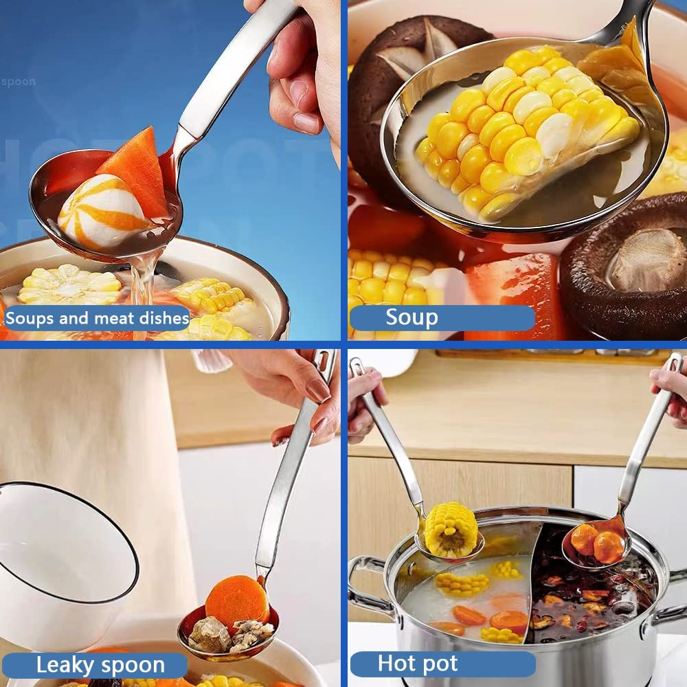 Soup Ladle Metal SUS304 Stainless Steel Ladles Spoon and Slotted Colander Spoon Set Small Soup Ladle with Holes Strainer Scoop Ladles for Serving Gravy Hot Pot or Restaurant,2 Piece Set image number 4