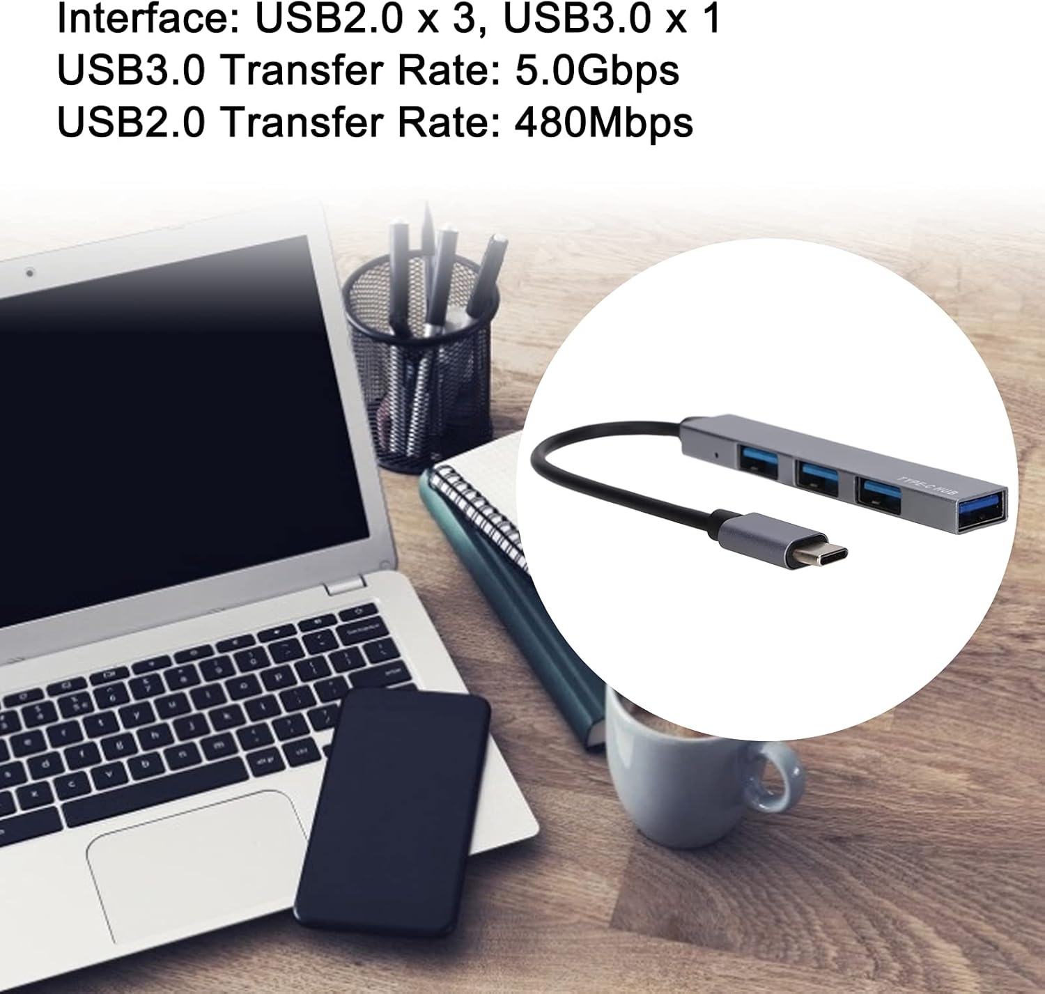 USB Port Expander, USB C Hub USB Hub for Laptop for School for Home for Office(One Drag Four Ash) image number 5
