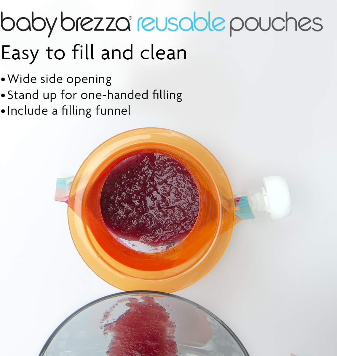 Baby Brezza Reusable Baby Food Storage Pouches, 10 Pack 7Oz - Make Organic Food Puree for Kids or Toddlers and Store in Refillable Squeeze Pouches, Bulk Set Is Freezer Safe & Washable