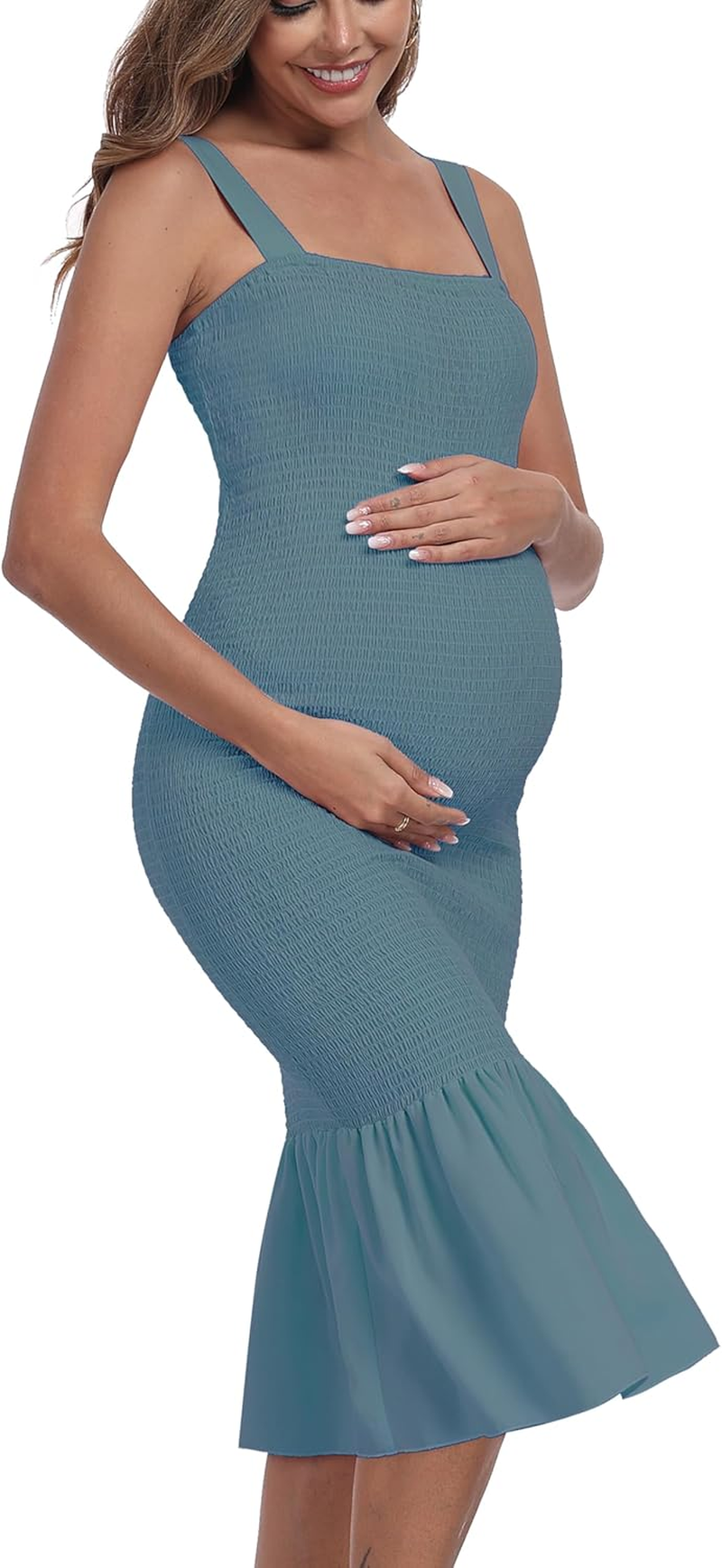 Summer Tank Maternity Dress Sleeveless Strappy Midi Bodycon Square Neck Ruffle Mermaid Smocked Dress for Baby Shower image number 6