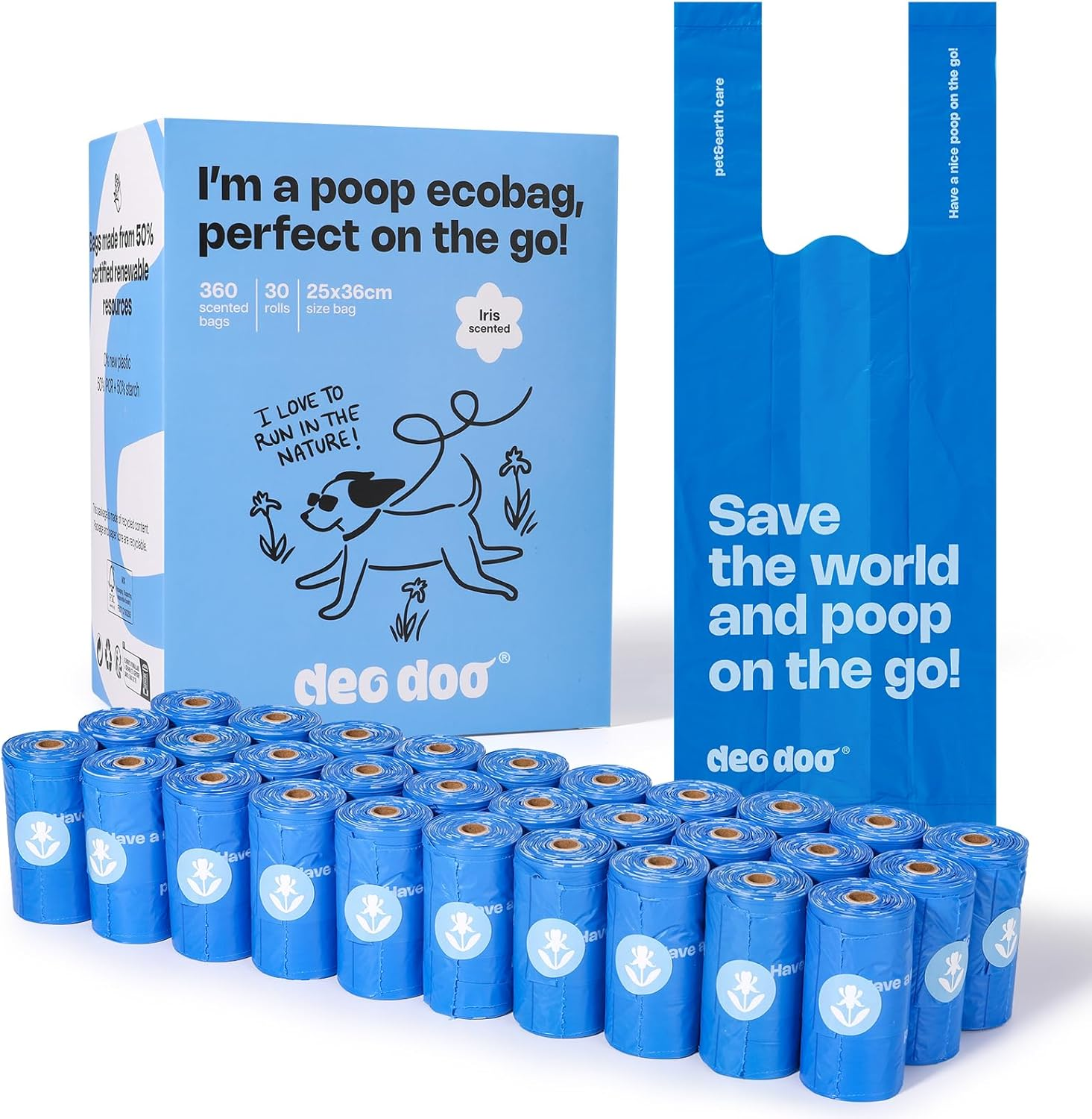 Deo Doo Dog Poop Bags with Handles 9 Rolls 108 Counts Big Sizes Leak Proof and Extra Thick Waste Bags Refill Rolls for Walking Small Medium Large Dogs Cats Litter with Holder Iris Scented
