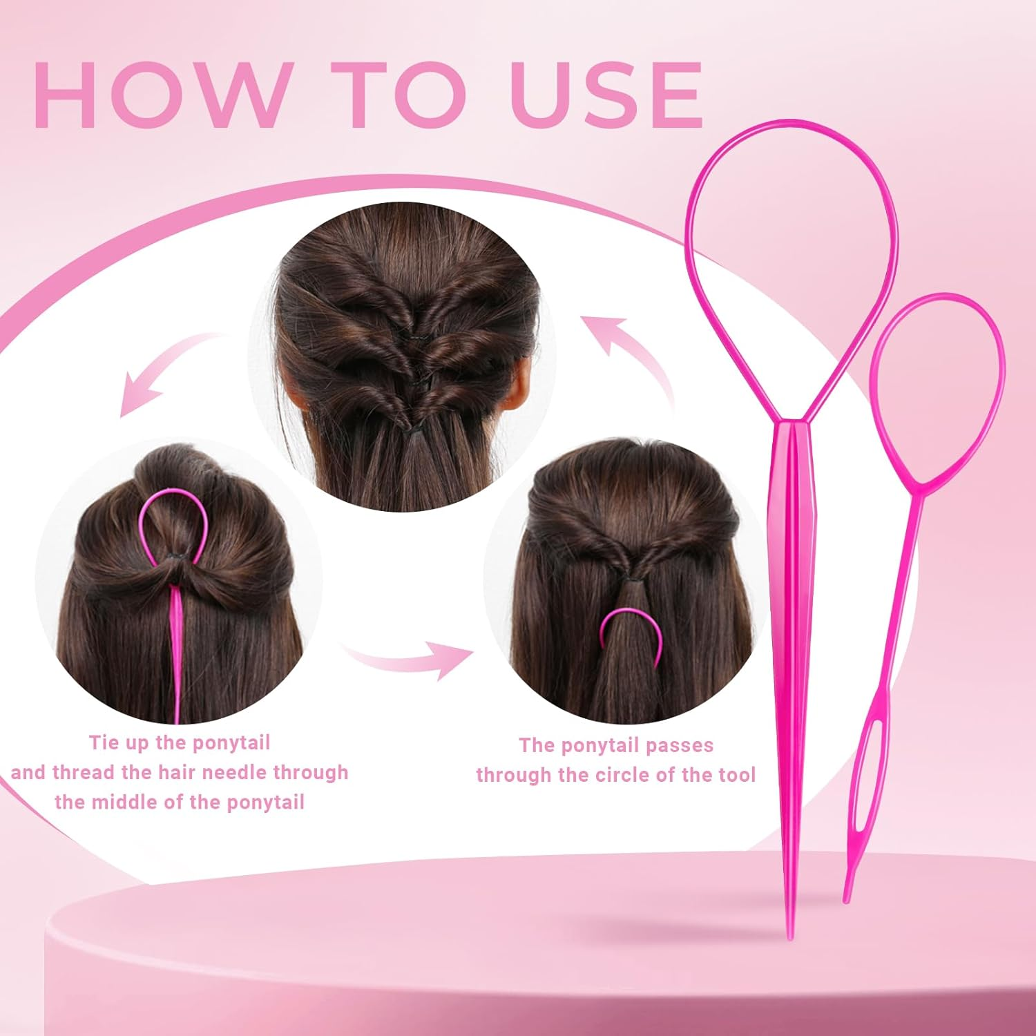 Wosyoodo Topsy Tail Hair Tool, Pink Hair Loop Pull through Tool, French Braid Loop Tool with Rat Tail Comb, Hair Braiding Tool for Making Women and Girls Hair Style image number 4