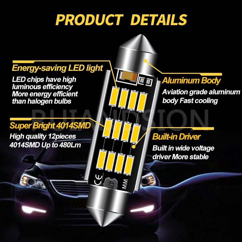 Ruiandsion 44Mm LED Dome Lights 10-30V Extremely Bright 211-2 212-2 561 562 LED Festoon Light Bulbs Canbus Error Free Replacement for Cars Trucks Interior Map Dome Lights, Warm White (Pack of 2) image number 4
