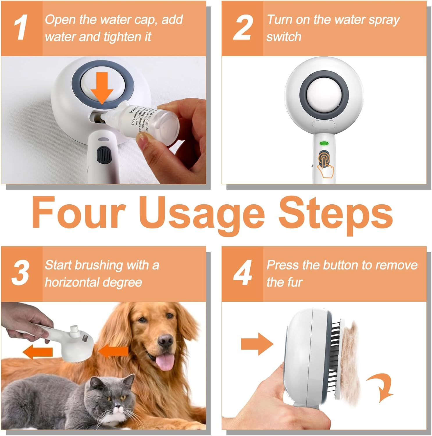 Cat Brush with Steam, 3-In-1 Steam Brush Cat, Brush Cat with Self-Cleaning One Button with Water Tank and Spray, anti Static Electricity and Tangling Steamy Brush for Cats Dogs, White image number 4