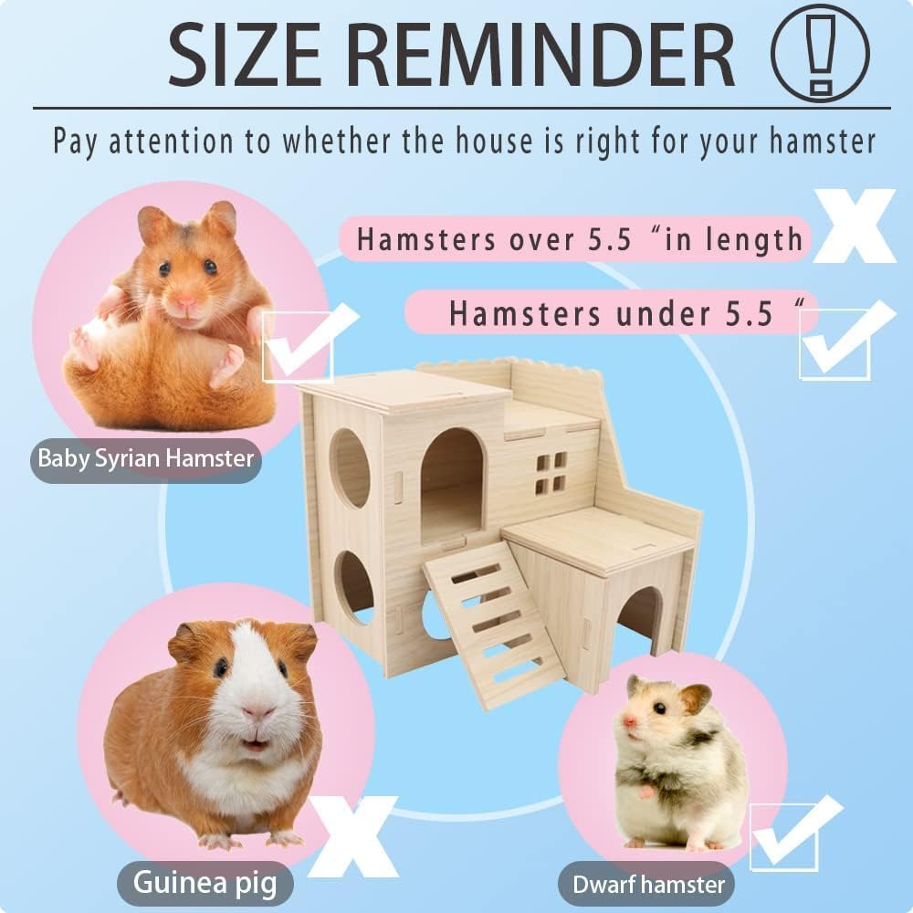 APEXORIGIN Wood Hamster House - Tiny Wood Maze & Fun-Slide Double-Decker Hut for Dwarf Gerbils, Mice, Rats & Small Animals - Cute, Easy to Assemble Indoor Hamster House (Brown)