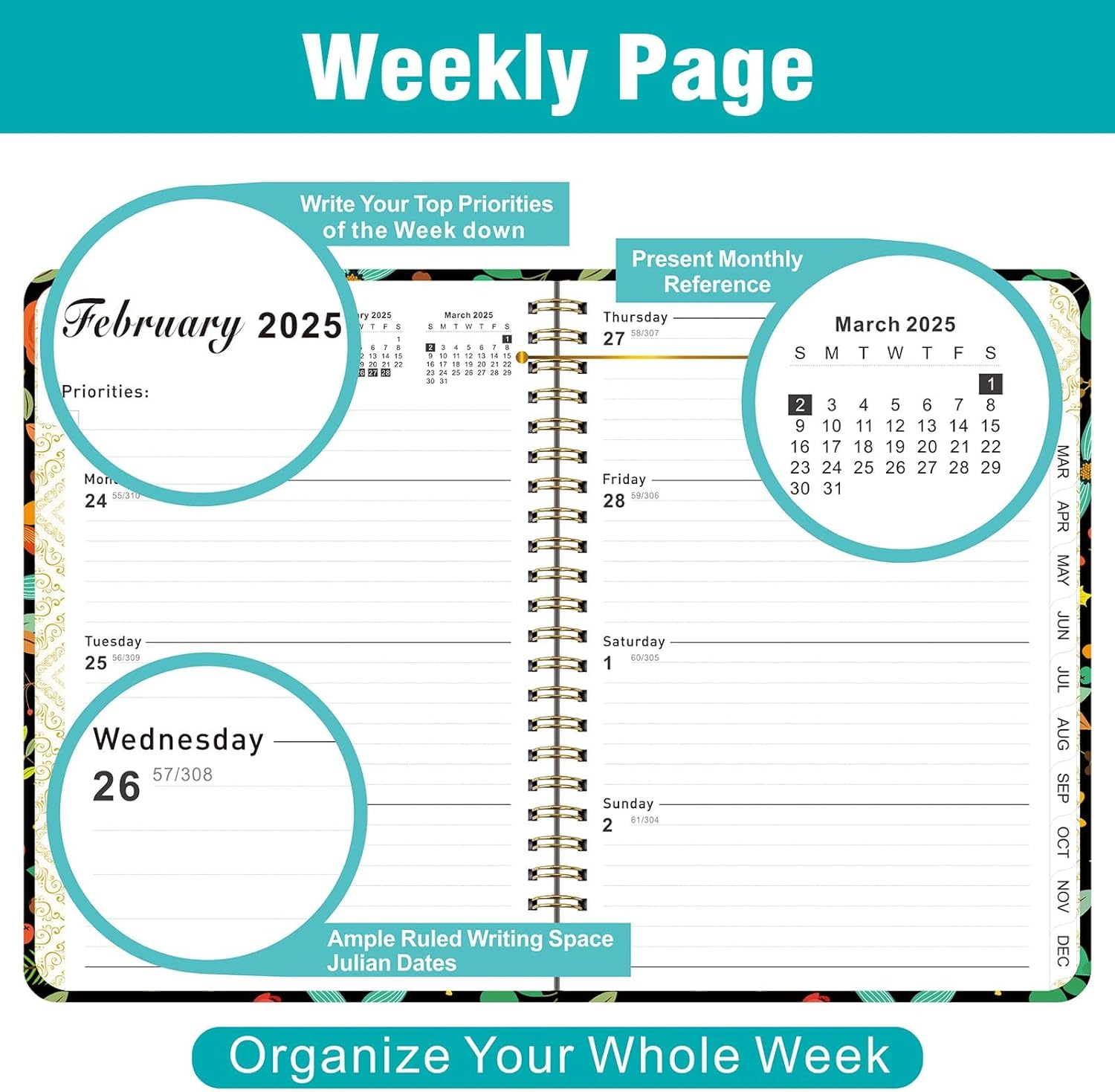 2025 Planner,2025 Weekly and Monthly Planner January to December A5（6.5"X 8.5"）Academic Planner 12 Month Work Planner with Tabs,Hardcover Thick Paper,Twin-Wire Binding image number 3
