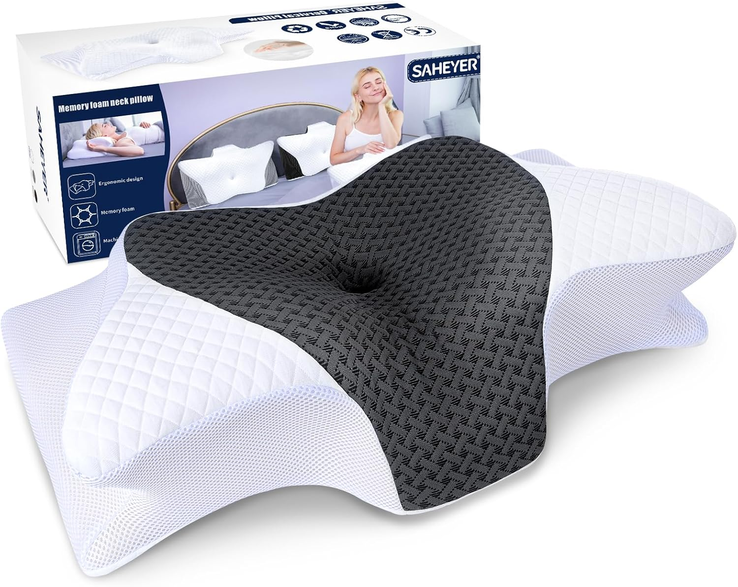 SAHEYER Cervical Neck Pillow, 2 in 1 Ergonomic Neck Support Pillow, Side Sleeper Pillow for Neck and Shoulder Pain Relief, Slow Rebound Memory Foam Pillow for Side Back Stomach Sleepers (Grey) image number 2