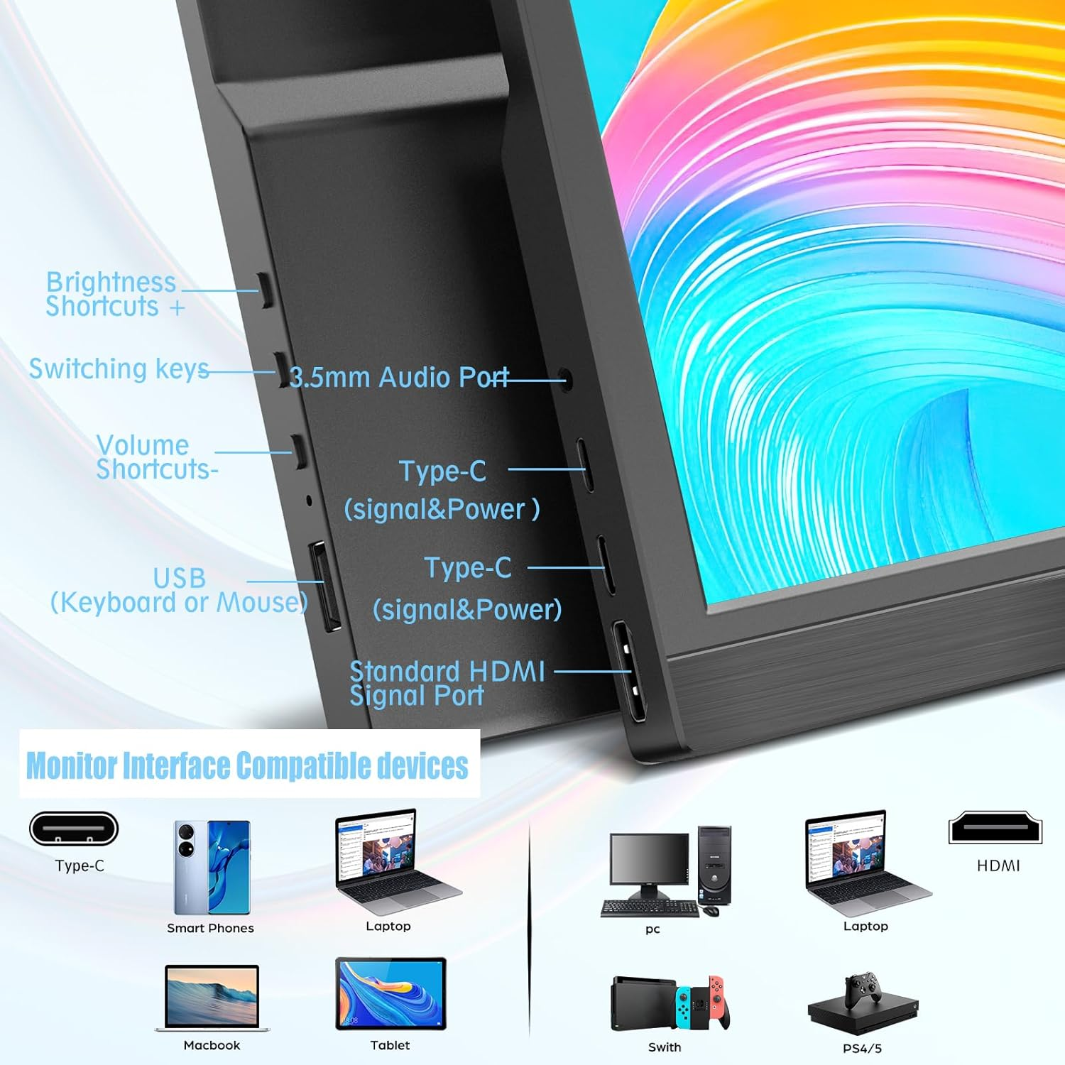 11.6 Inch Portable Monitor, Kenowa Extended Screen HDMI Type-C Computer Gaming Display for Computer/Laptop/Pc/Windows Os/Raspberry Pi/Wiiu/Xbox360/Ps4 FHD Resolution 1920X1080 image number 4