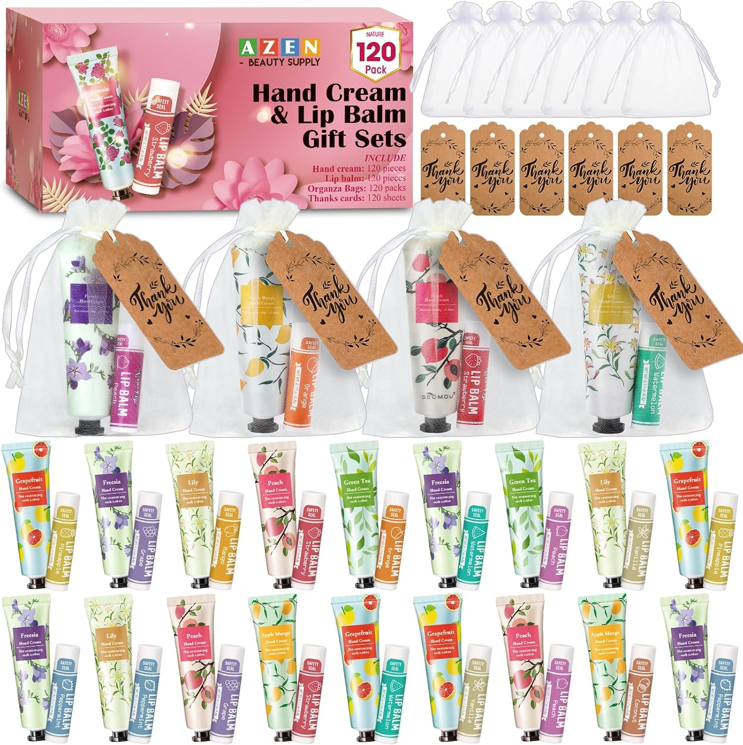 AZEN 30 Sets Bulk Gifts, Hand Cream and Lip Balm Bulk Set with Organza Bag Thank You Card, Baby Shower Wedding Gifts for Guests, Bridal Wedding Favors for Guests,Thank You Gifts for Women