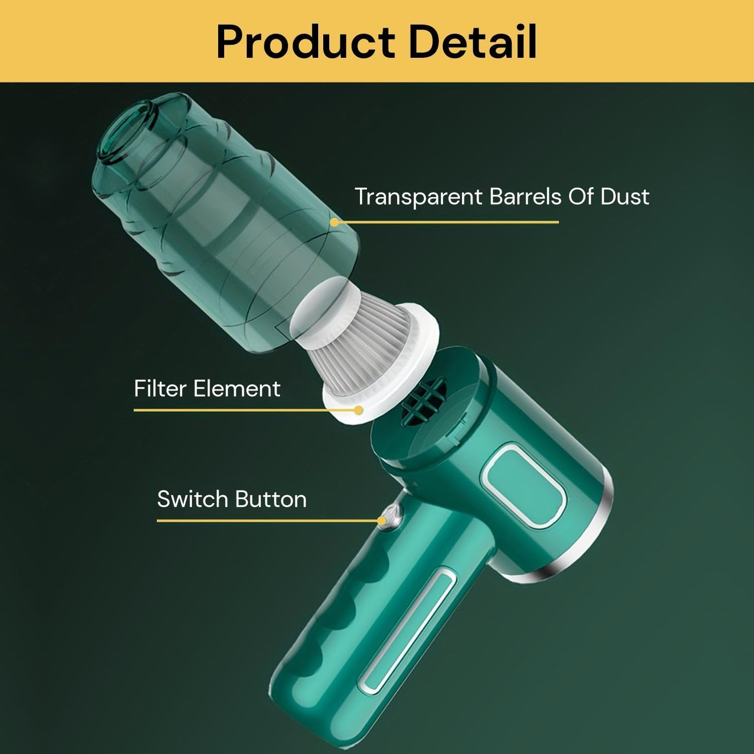 EZONEDEAL Portable Car Vacuum Cordless, Powerful Suction Dust Collector Wet Dry Dual Use Car Vacuum Cleaner for Car, Office & Home Cleaning, Handheld Vacuum Cleaner with Accessories & Filter image number 5