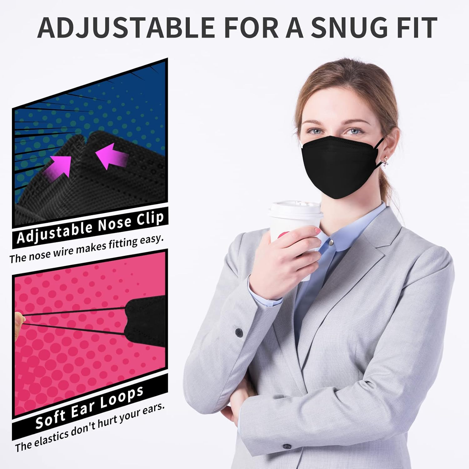 KF Design Mask Black, Adult Sized Mask for Women Men, Comfortable Breathing Mask for Adjustable Snug Fit, 4 Ply Filtering Protective Mask Cover - 10 PCS image number 1