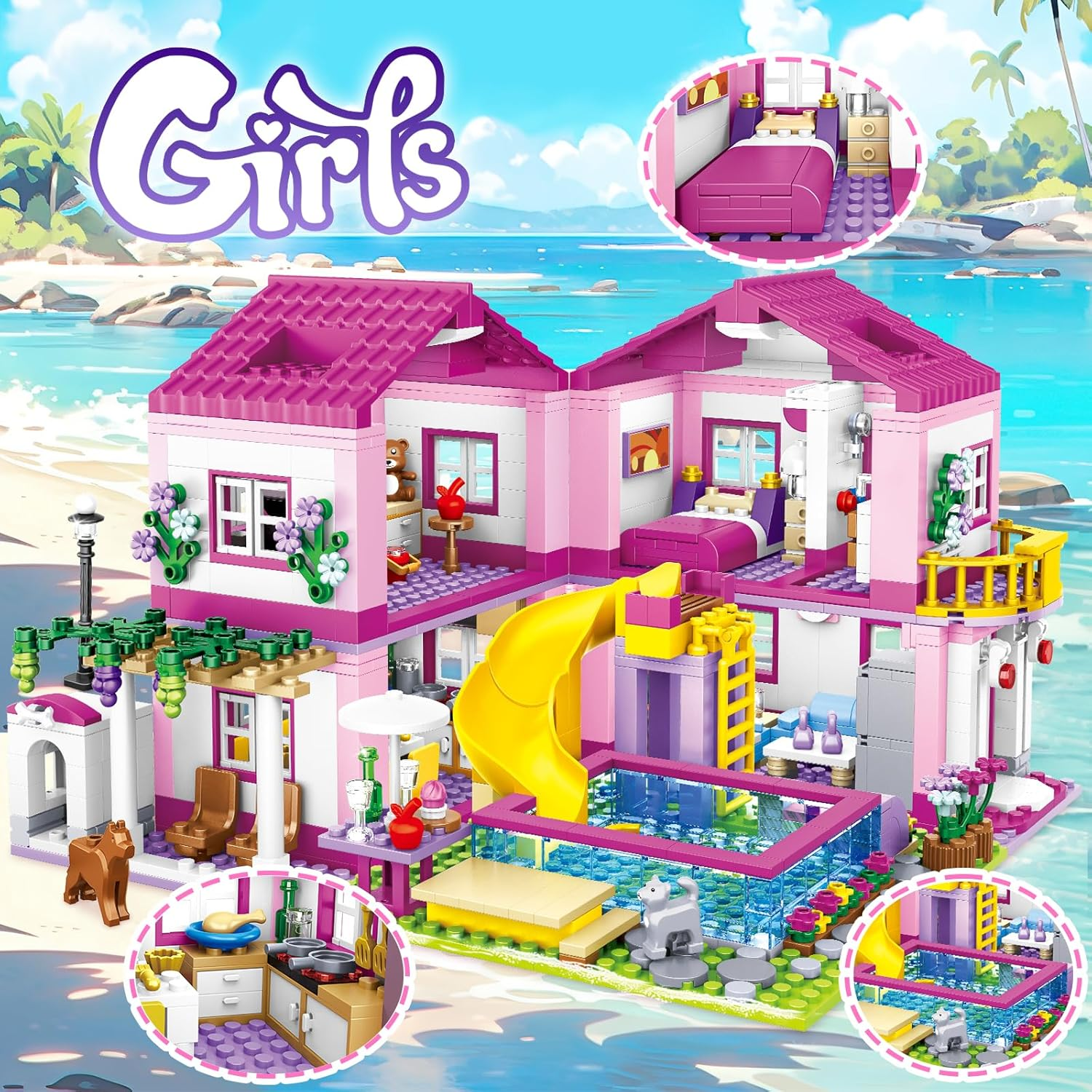 Pink Girls Summer Villa Friends Building Set Compatible with  Friends Construction Educational Toy for Kids Age 8-12 and up 1018 PCS image number 3