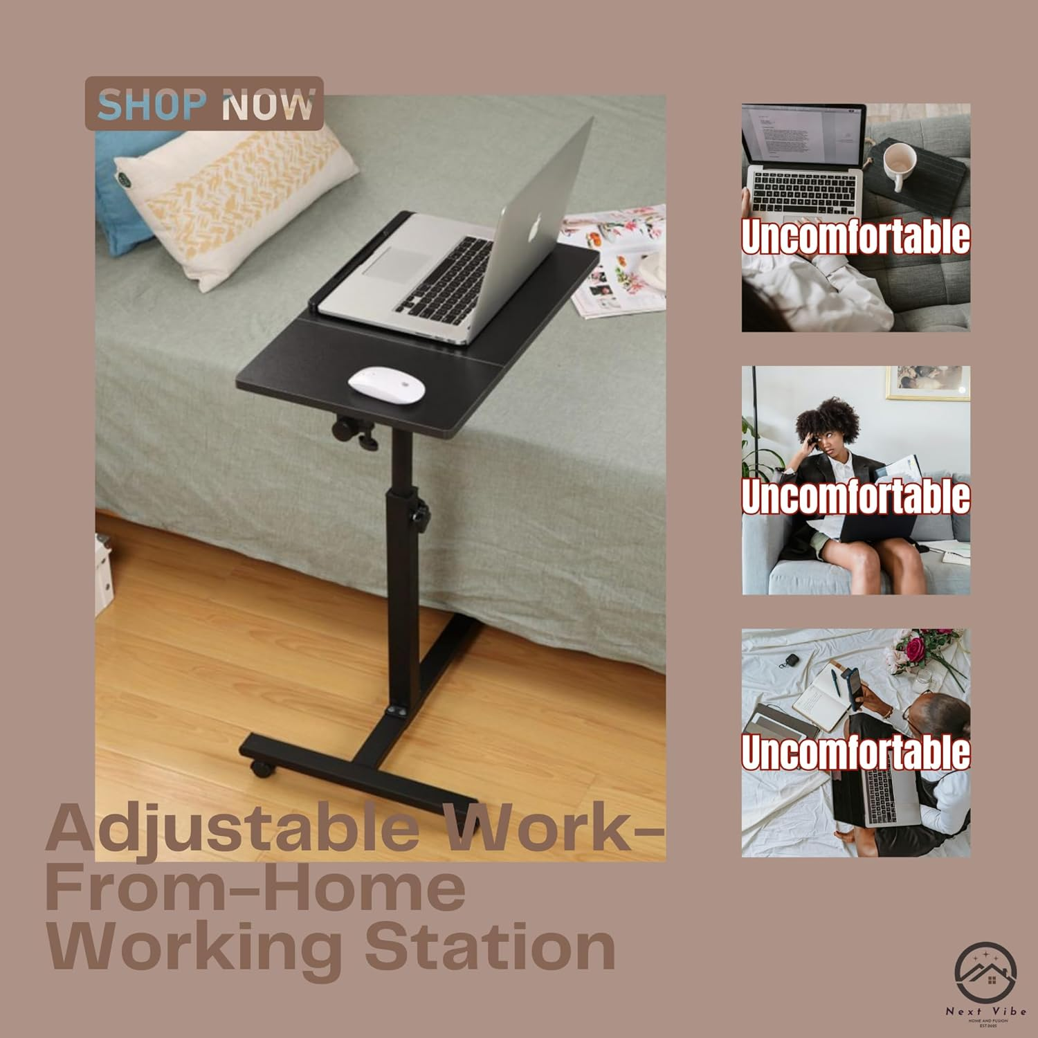 Adjustable Work-From-Home Working Station - Ergonomic Desk with MDF & Steel Construction, Black, Height Adjustable (58-90 Cm) - Perfect for Home Office & Remote Work image number 2
