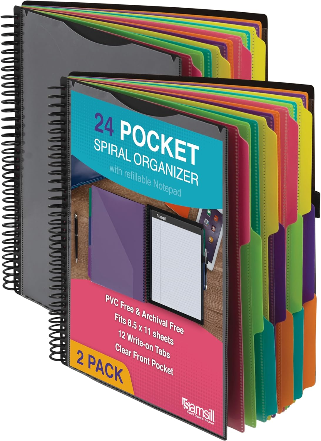 Samsill Deluxe 24 Pocket Spiral Project Organizer with Inner Zipper Pouch, Customizable Front Cover, 12 Dividers with Erasable Write-On Tabs in Fashion Colors, Plastic Folders with Pockets image number 4