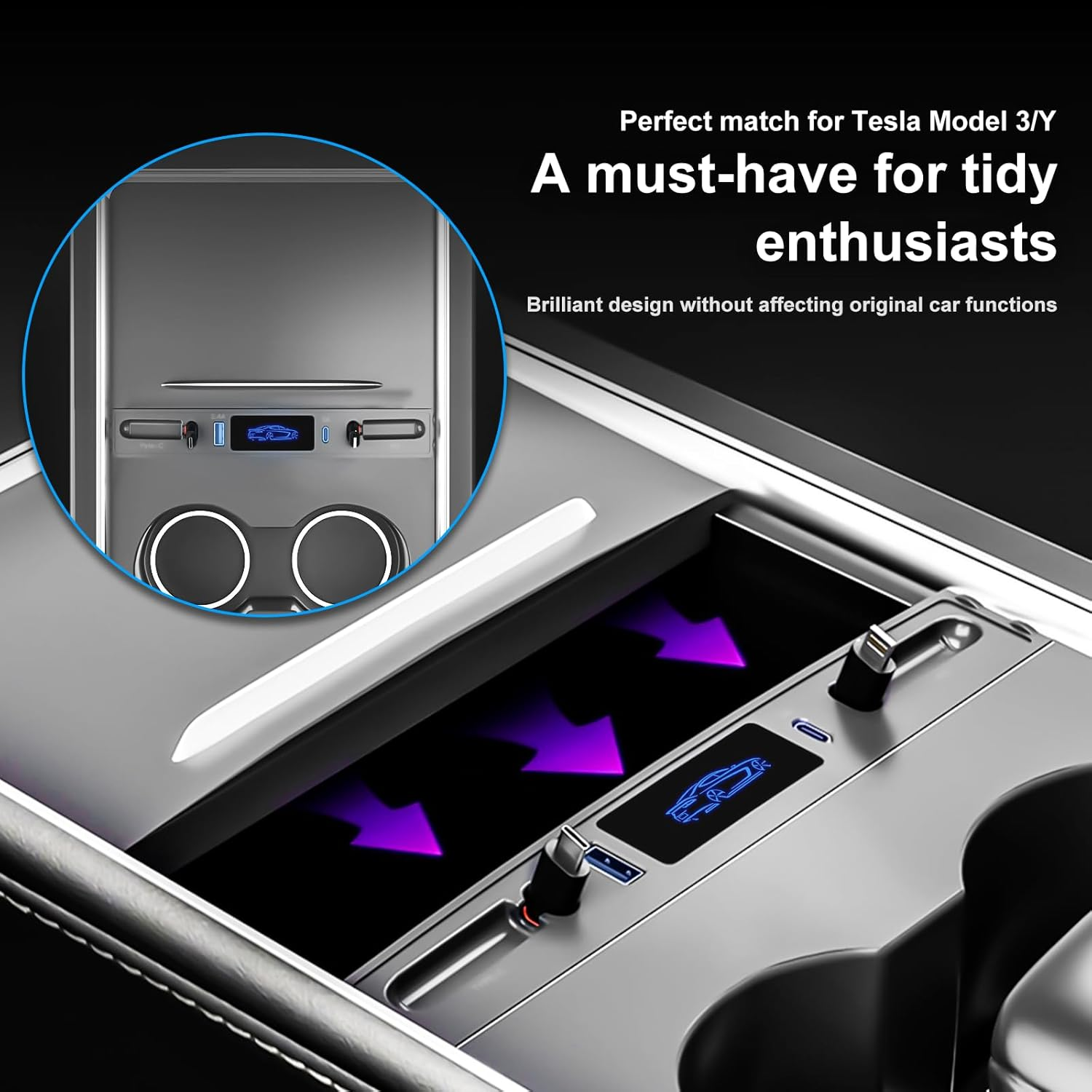Moravartisan Center Console USB Hub for Tesla Model Y 2021-2024 Model 3 2021-2023, Docking Station Adapter with Retractable Charging Cables, Usb-C and Usb-A Fast Charger Expansion Dock, Backlit Logo image number 1
