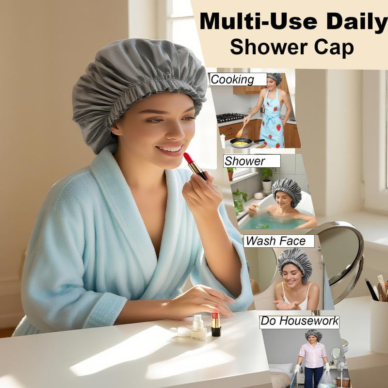 2 Packs Large Waterproof Shower Cap for Long Hair, Reusable Jumbo Shower Bonnets, Shower Head Cover for Locs, Curly, Baids & Wigs, XL Size Hair Cap for Spa Home Salon Use (Grey)
