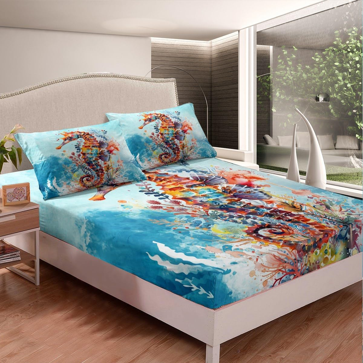 Feelyou Seahorse Sheet Set Queen Ocean Creature Themed Sheets with Deep Pocket Fitted Sheet Sea Creature Underwater World Bed Sheets Set Marine Life Sealife Bedding Set Room Decor Underwater Bed Set image number 2