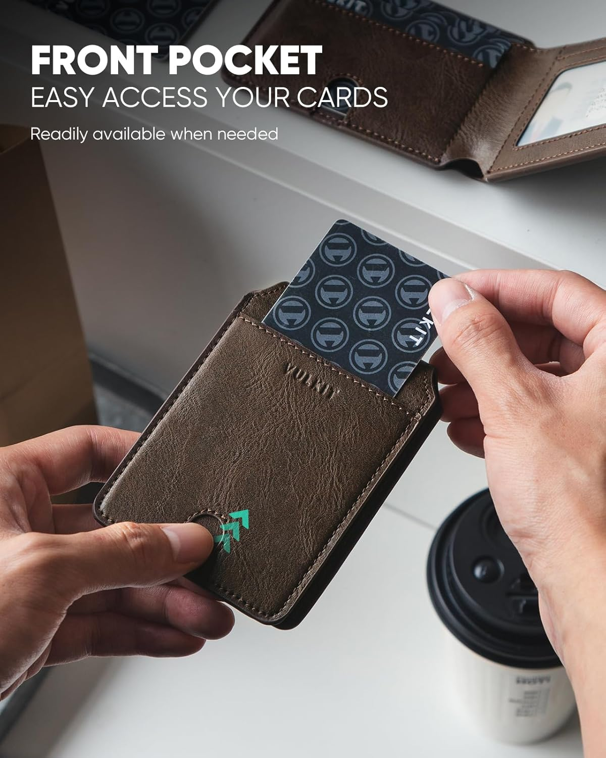 VULKIT Aussie Men'S Ultra-Slim Airtag Card Wallet (1.5Cm), RFID Blocking Leather Bifold with ID Window, Front Pocket Design & Anti-Loss Tracking for Everyday Carry & Travel, Coffee - Coffee image number 3