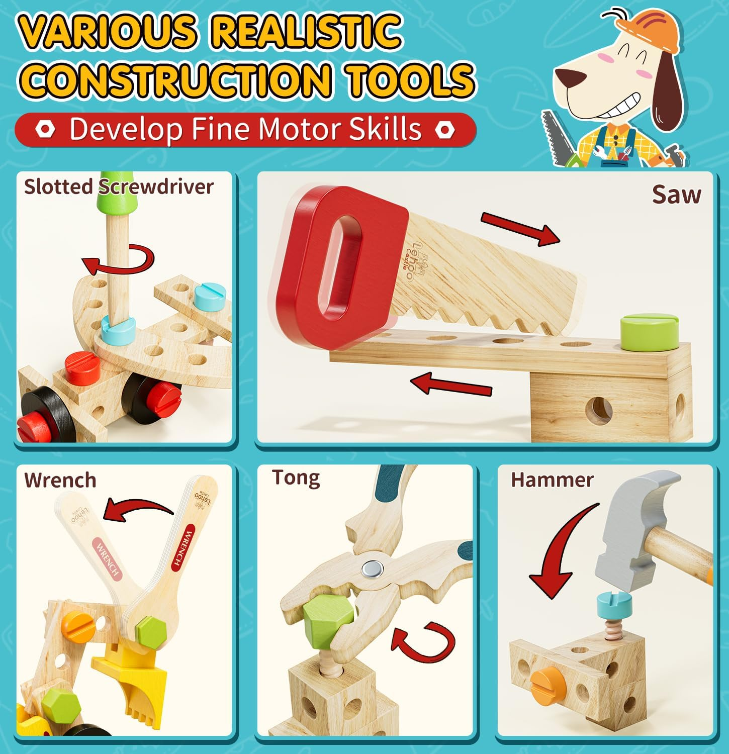 Lehoo Castle Toys for 2 Year Old, Kids Tool Set, Montessori Toys for Toddlers, Wooden Toys Educational STEM Construction Toys Building Toy Set for Boys and Girls image number 3