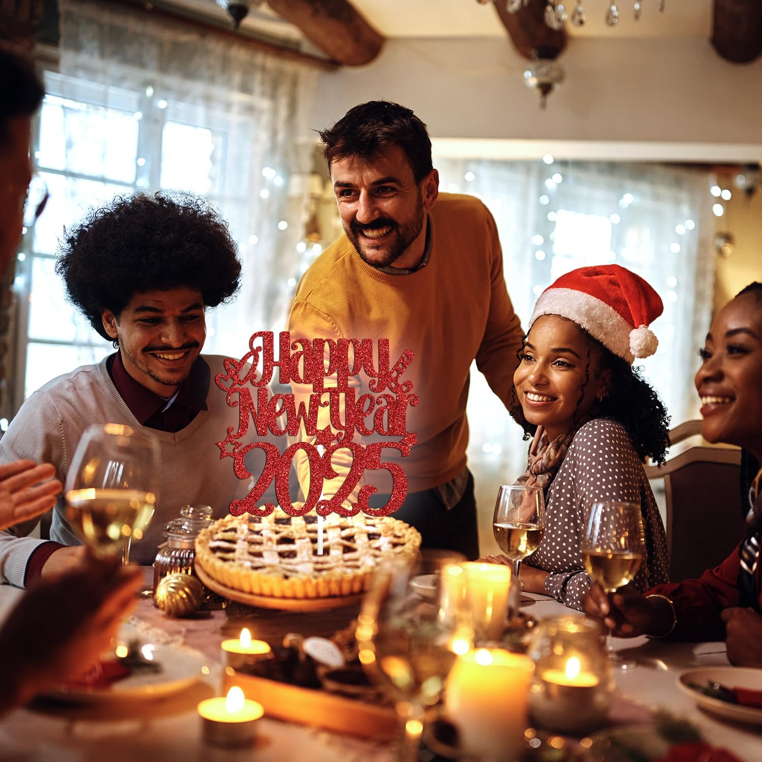 Happy New Year 2025 Cake Topper, Happy Holiday/Merry Christmas Cake Decor, New Year'S Eve Festival Party Decoration Suppllies, Red Glitter image number 3