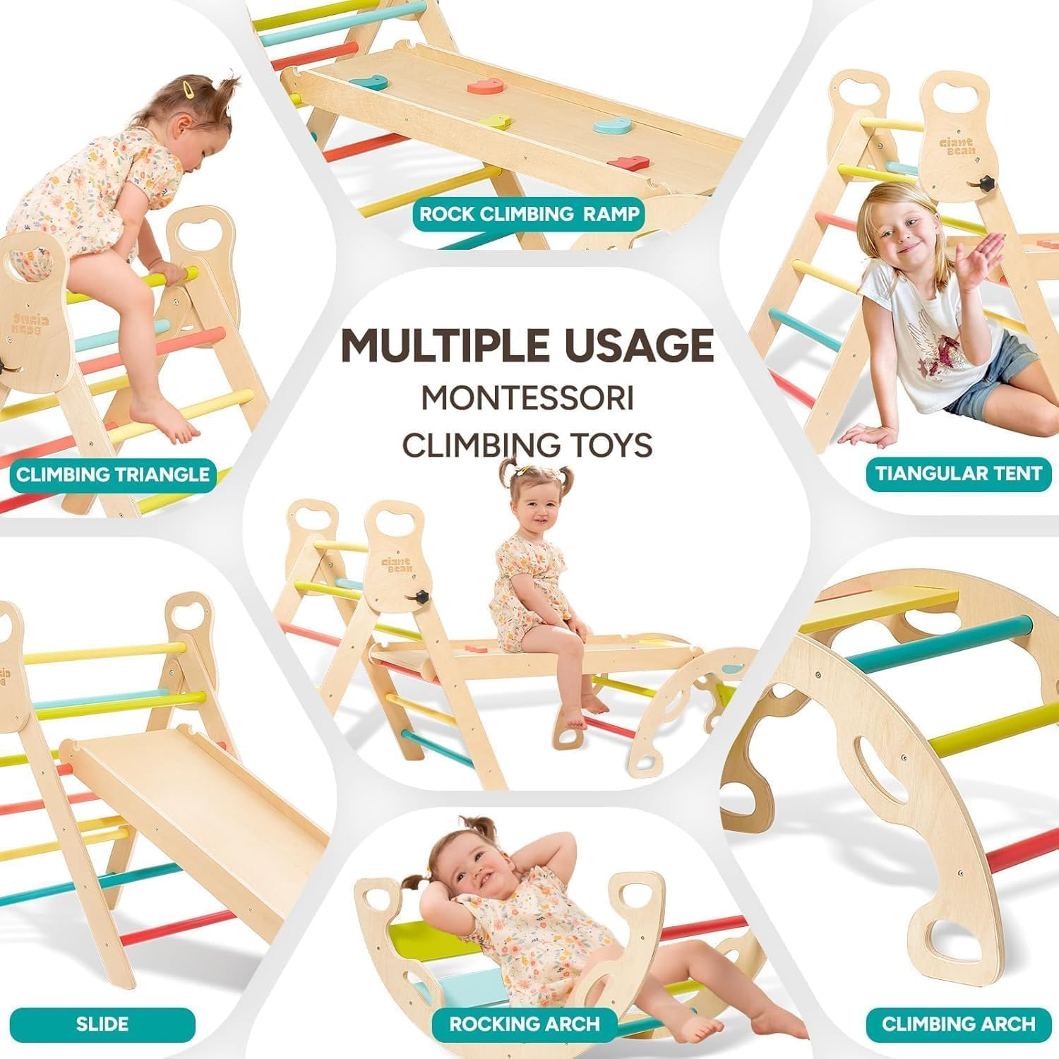 Pikler Triangle Set 7In1 Foldable Baby Climbing Toys Wooden Montessori Climbing Set with Arch&Ramp&Ladder Baby Climber Indoor Jungle Gyms for Toddlers Montessori Toys - Rainbow (Rainbow) image number 1