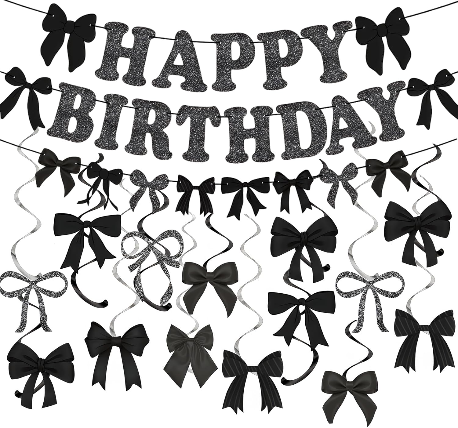 19Pcs Black Bowknot Happy Birthday Decorations,Black Bow Bunting Garland Party Birthday Banner Coquette Hanging Swirls Decorations for Girls Baby Shower Wedding Bowknot Party Supplies