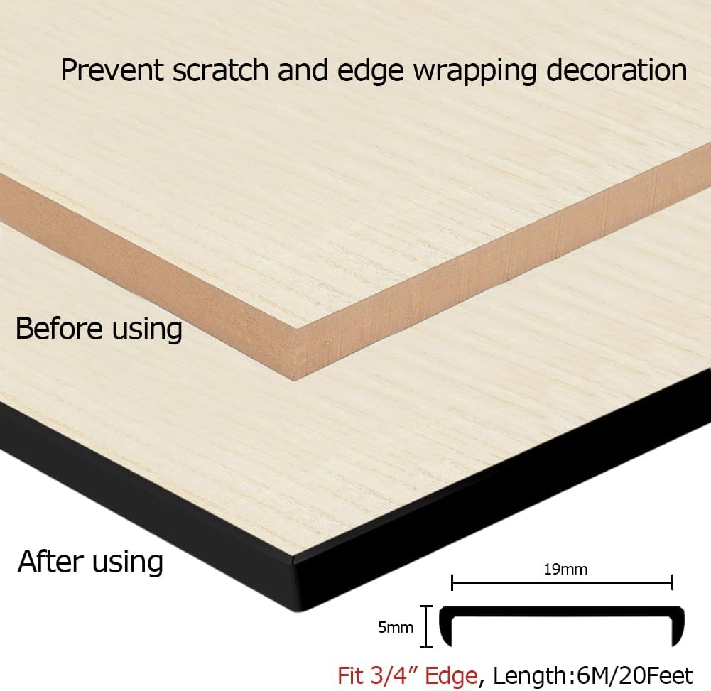 Aroilder U Shape Plywood Edge Banding, Fit 3/4 Inch Edge, Desk Edge Protector, Self-Adhesive Edge Trim for Veneer, Furniture, Countertop, Table, Sheet Metal, Black, 20Ft