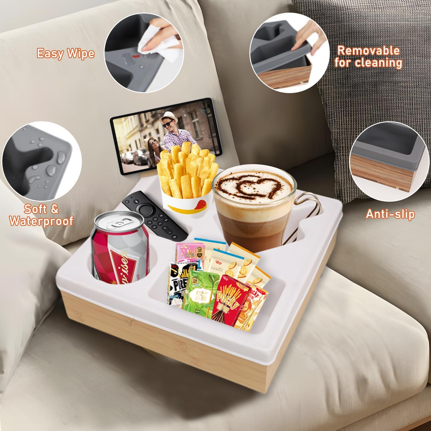 Uandhome Couch Cup Holder Tray,Handy Silicone Bamboo Couch Caddy with Rotatable Phone Holder for Bed Car Seat Organizer, Waterproof Anti-Spill Sofa Cup Holder for Snacks Beverage Remote(White) image number 6