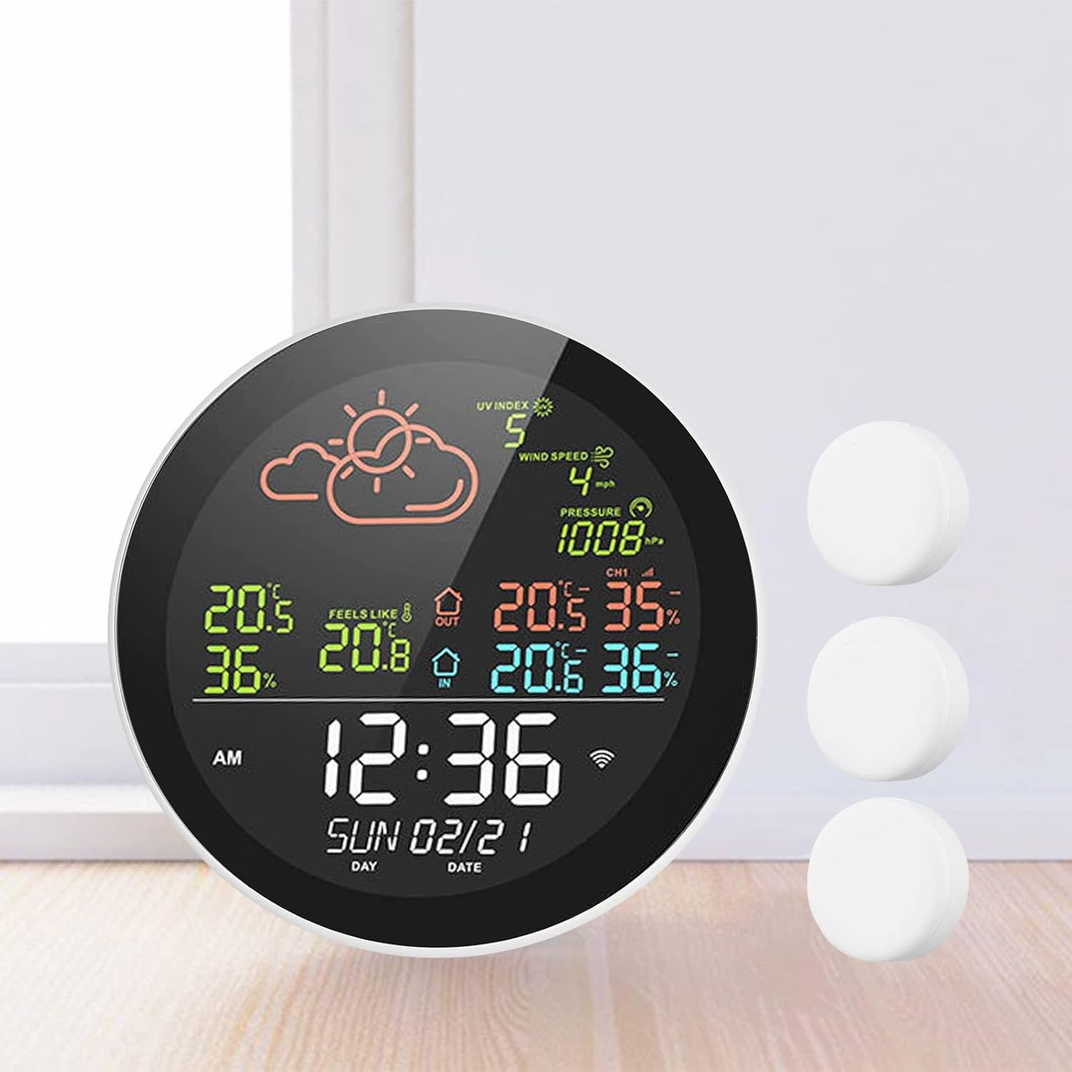 Nurdo Tuya Wifi Smart Weather Station with Clock Indoor and Outdoor Temperature&Humidity Meter Multifunctional Large Color Screen Weather Clock Temp.&Humidity Gauge with 3 Sensor - With 3 Sensors image number 4