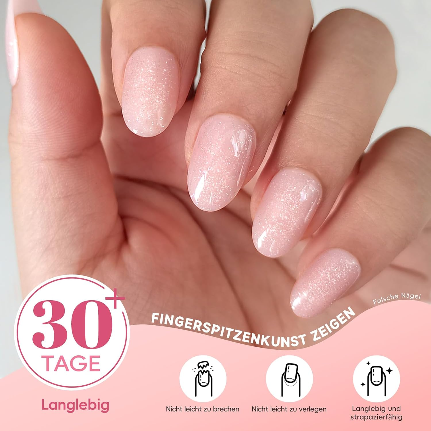 Noerrors Noerrors Glitter Pink False Nails, Pack of 32 Short Almond Oval round Milk Pink Press-On Nails, Shiny Glitter False Nails with Glue, Full Cover for Women and Girls image number 4