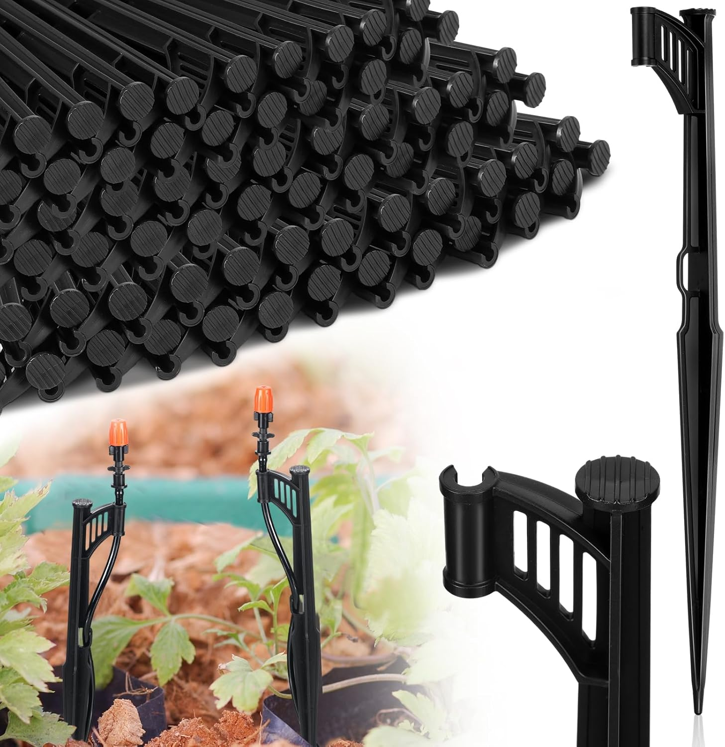 100 Pcs 12.8" Irrigation Drip Support Stakes 1/4 Inch Tubing Hose Holder Adjustable Riser Drip Lines Ground Stakes for Micro Sprinkler Gardens Irrigation Supplies image number 1