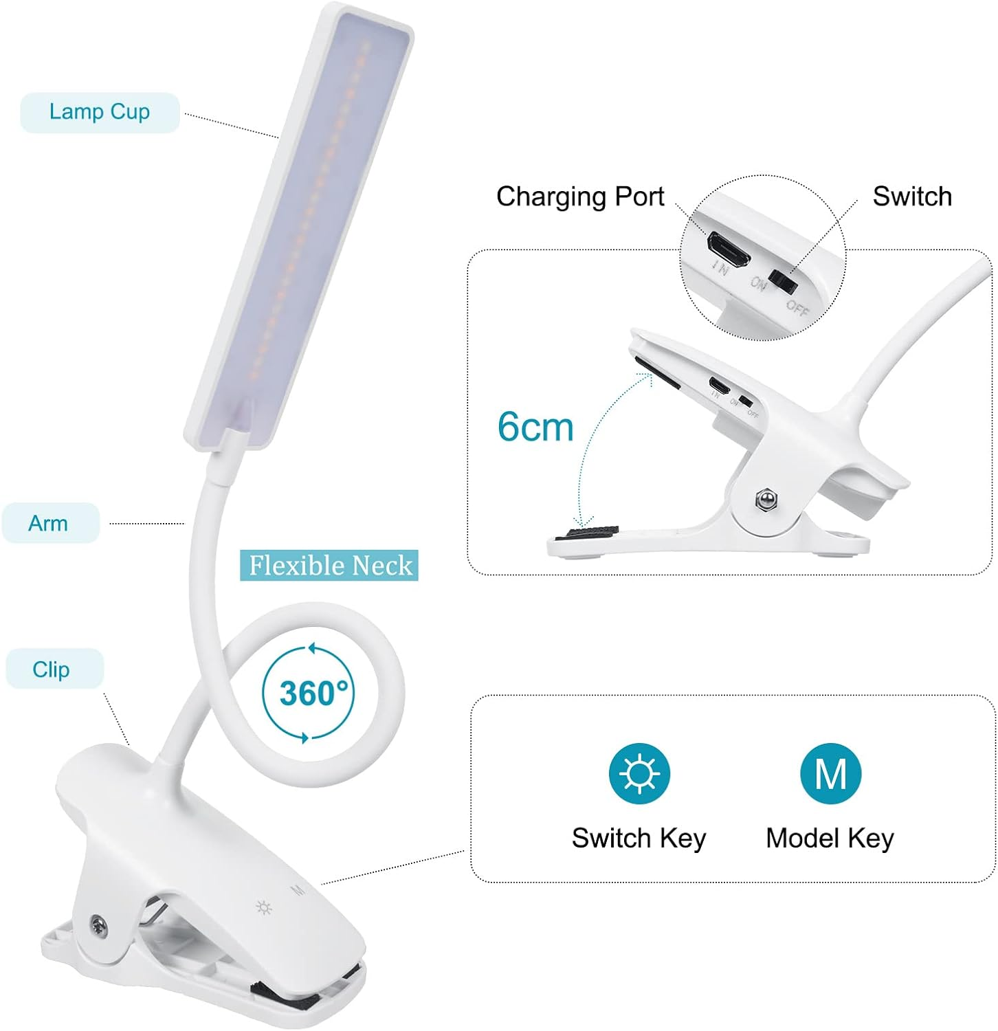 Deaunbr LED Reading Light with Clip USB Rechargeable Book Lights, Eye Protection 24 Leds Flexible Neck Night Bed Lamp, Touch Control Portable Clamp Desk Lamps for Bed Headboard, Computers - White image number 1