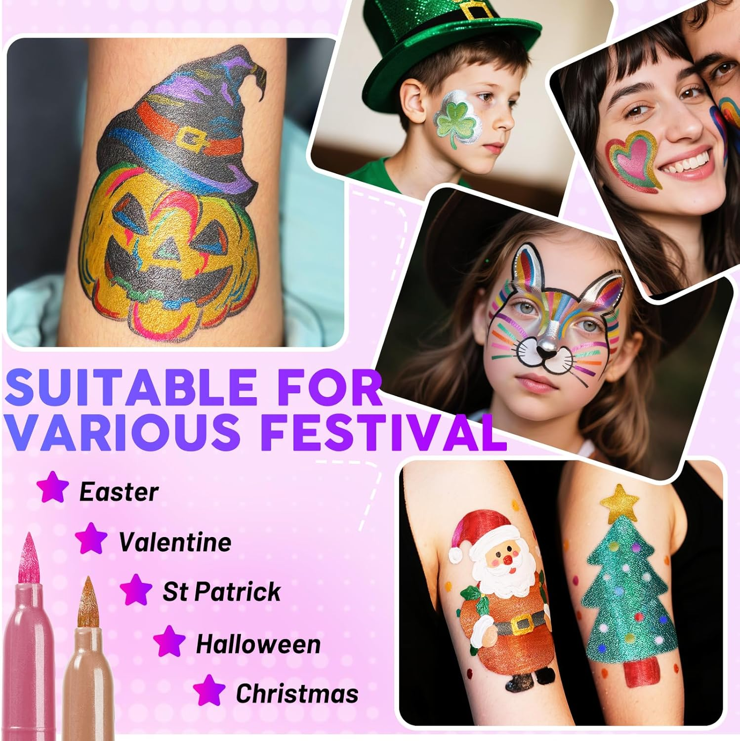 Theast 10 Colors Face Painting Markers, Metallic Glitter Body Paint Pens, Skin Safe Washable Temporary Tattoo Makeup Kits - Ideal for Party, Halloween, Cosplay