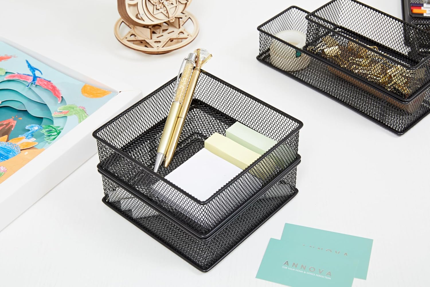 Annova Mesh Drawer Cabinet and Shelf Organizer Bins Storage Basket School Office Supply Holder Tray- Set of 2 (Black, 15X15X5 CM) image number 7