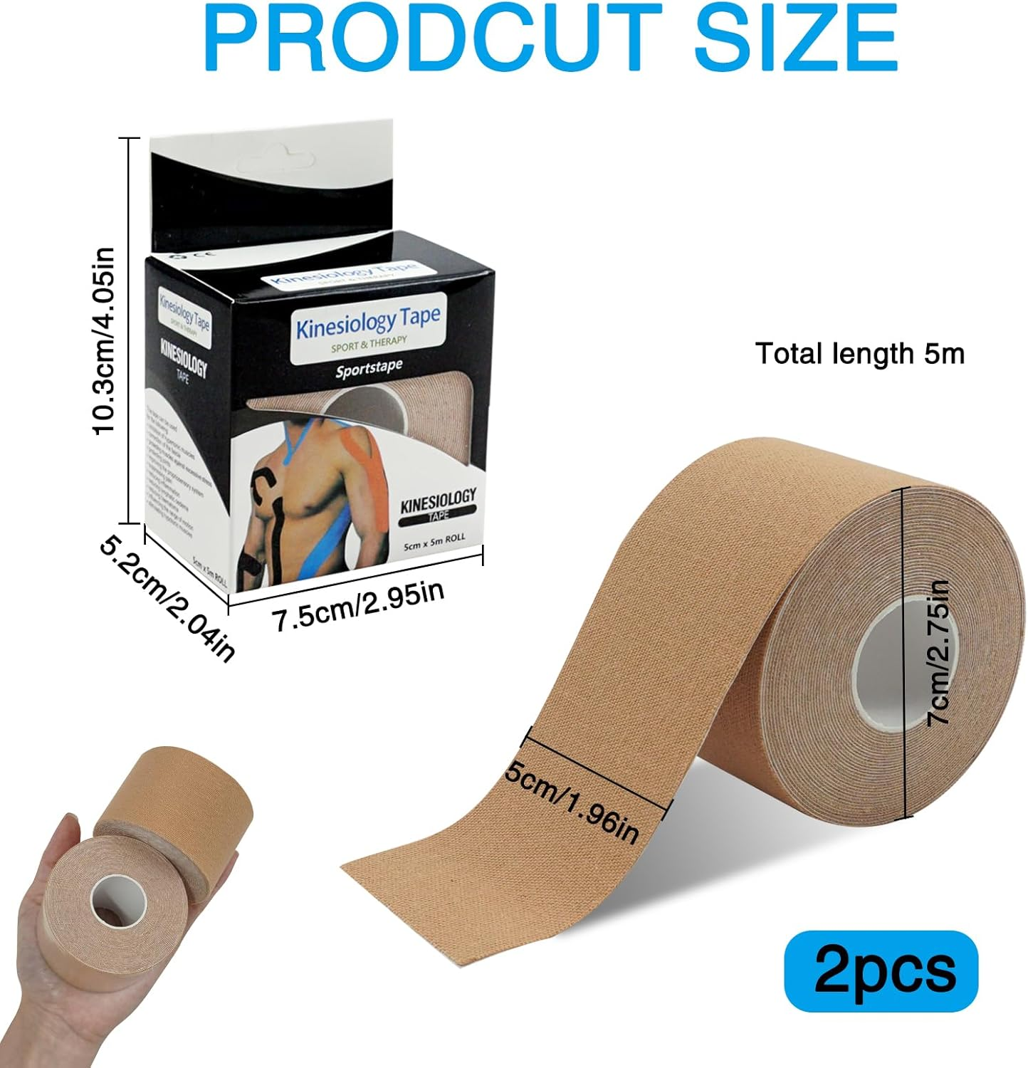 2 Pcs Kinesiology Tape, Sports Tape Elastic, 5CM*5M, Physio Tape for Muscle Support - Water-Resistant Strapping Tape for Sports Recovery and Injury Prevention