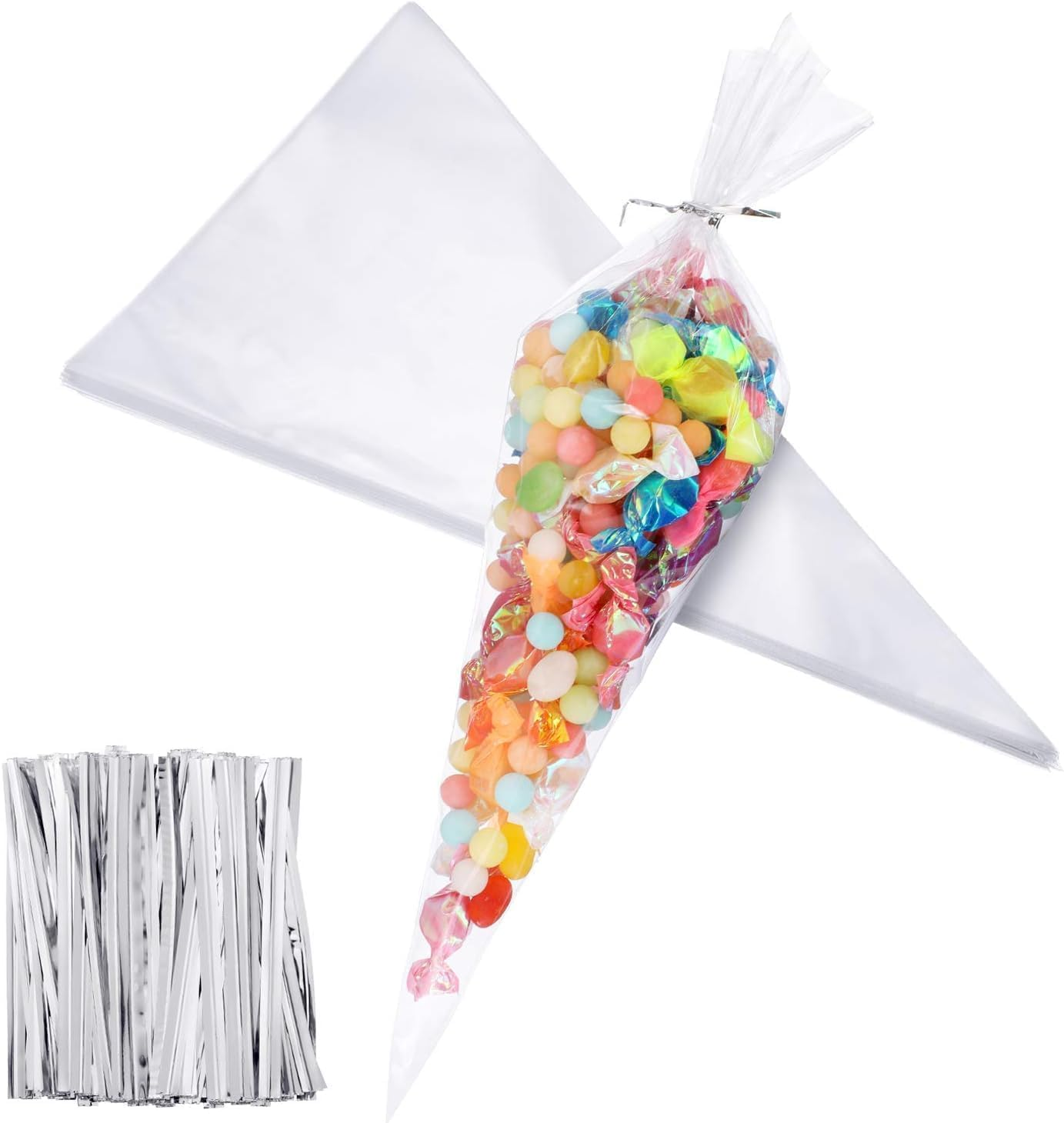 Ozchillon 100 Pieces 18X37Cm Clear Cone Shaped Treat Bags Cellophane Triangle Candy Bags for Lollies Popcorn Handmade Cookies Candy Crafts (Golden Ties, 18X37Cm)