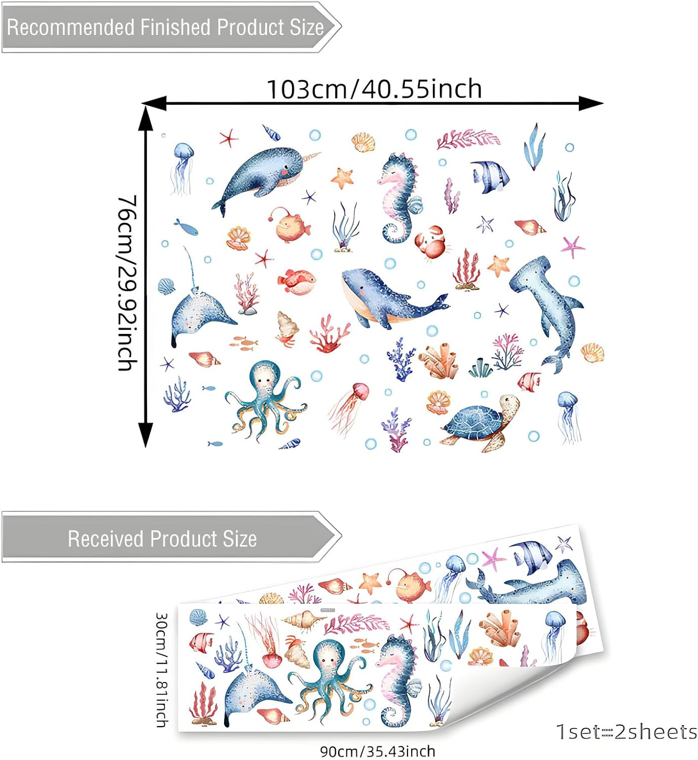 Ocean Wall Stickers - Removable, Peel and Stick, Wall Decor for Boys and Girls Bedroom, Living Room, Bathroom, Nursery, Playroom, Underwater Ocean Decor image number 2