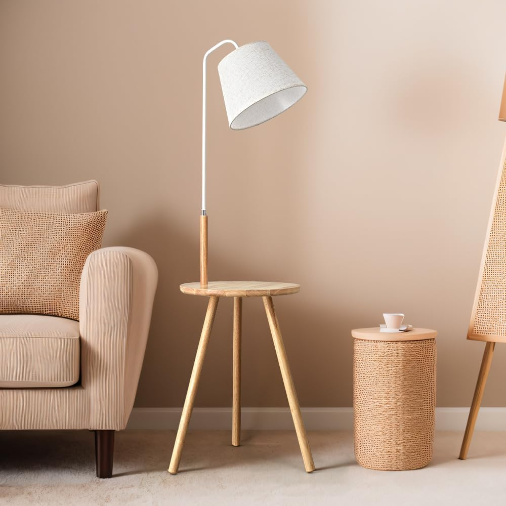 Krear Floor Lamp with Table, Tripod Wooden Lamp for Study Living Room, Foot Switch Standing Light Coffee Table Tall Lamp Natural