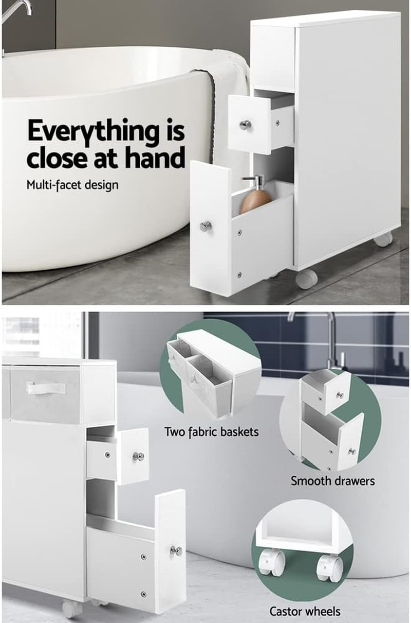 Artiss Bathroom Storage Cabinet, 70Cm Height Cupboard Side Table Corner Shelf Wall over Toilet Roll Storages Cabinets Home Furniture Organiser Accessories, with Wheels Slim Space Saving White image number 1