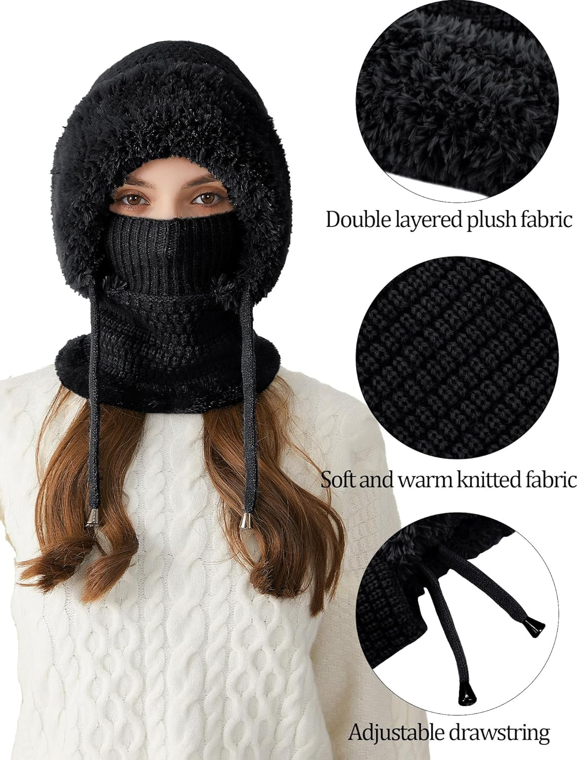 KEOYA Women'S Knit One-Piece Hat with Scarf Elastic Face Mask Fleece Balaclava with Drawstring Winter Warm Ski Beanie Cap image number 3