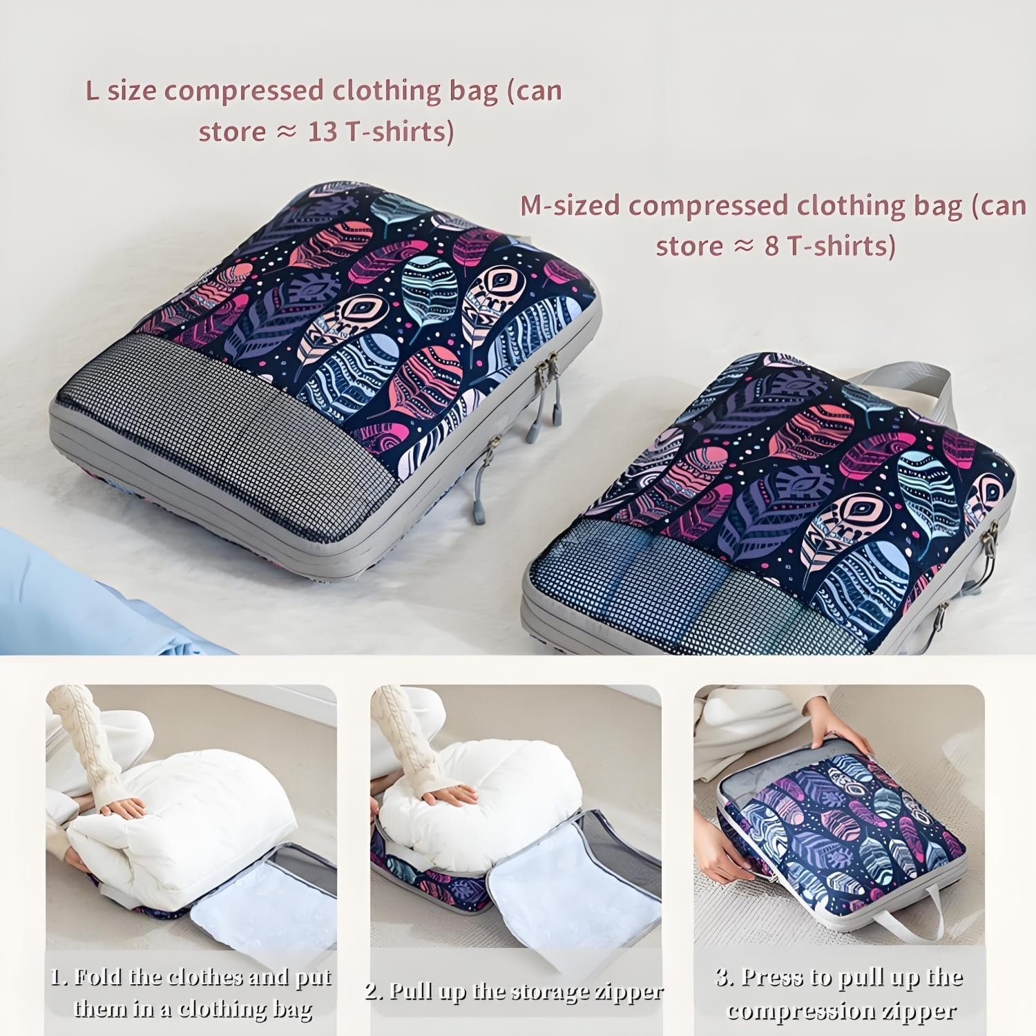 Travel Packing Cubes Set, Navy Feather Pattern, 4-Piece Mesh Storage Organisers with Handles ﻿ image number 3