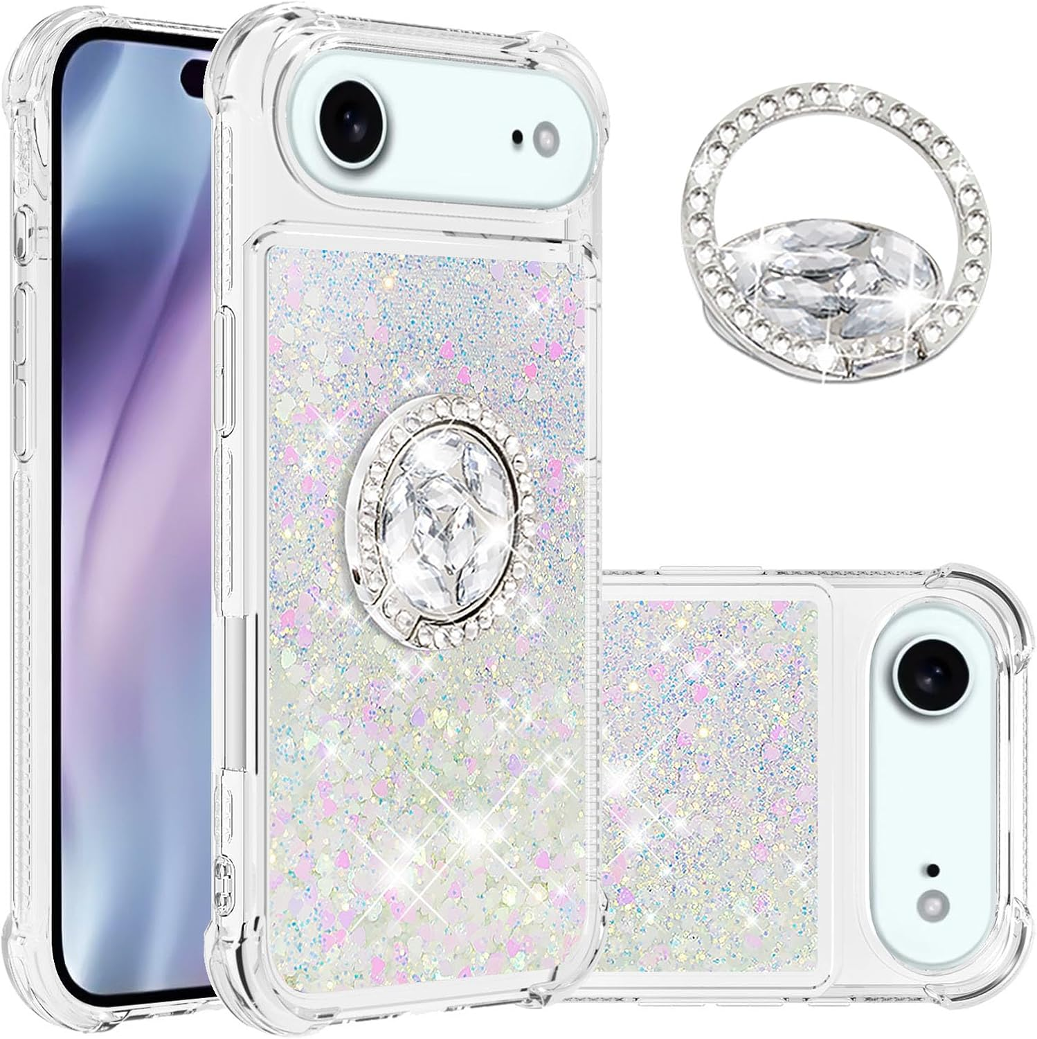 IMEIKONST Glitter Case for Iphone 17 Mobile Phone Case with Ring Stand, Sequins Liquid Quicksand Transparent Protective Case Shockproof TPU Cover for Iphone 17 Love Gold YBZ
