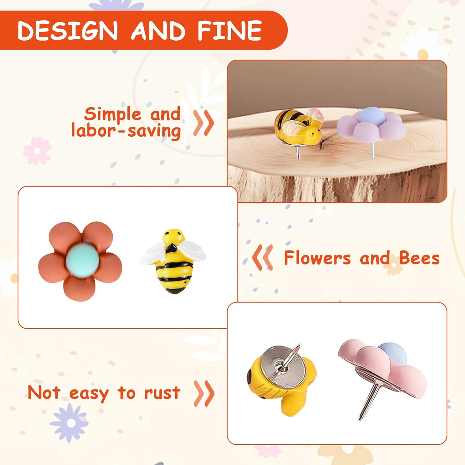46Pcs Flower Drawing Pins for Pinboard, Bee Push Cute Pin Board Pins with Storage Box, Thumbtacks Reusable Pushpins Pins for Cork Board, School, Office Map, Photo Wall Use