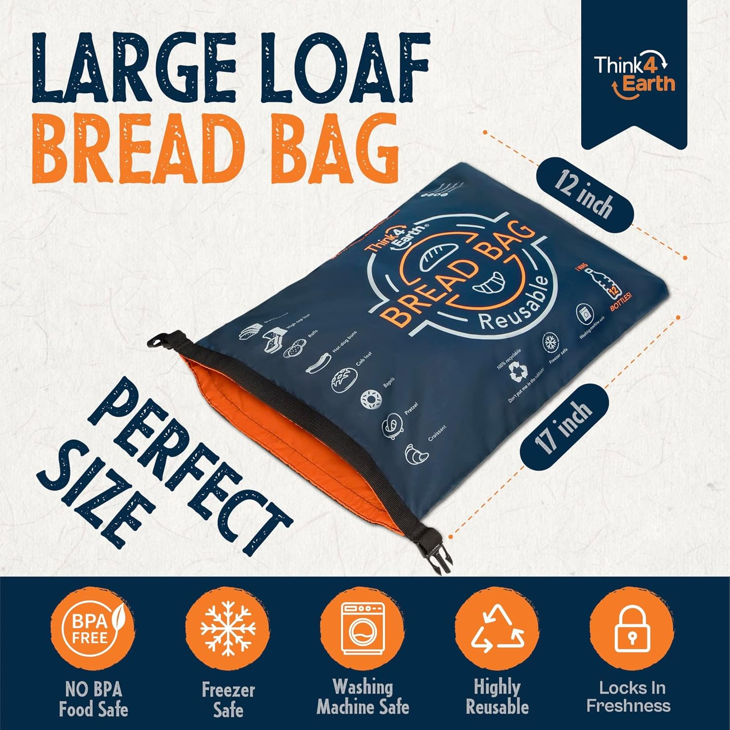 Think4Earth - (2 Pack) Bread Bag - Reusable Freezer Bread Bag for Homemade Bread Maker Gift Giving - Bread Container for Sourdough Loafs Storage, Large Bread Bags for Homemade Bread with Lining image number 5