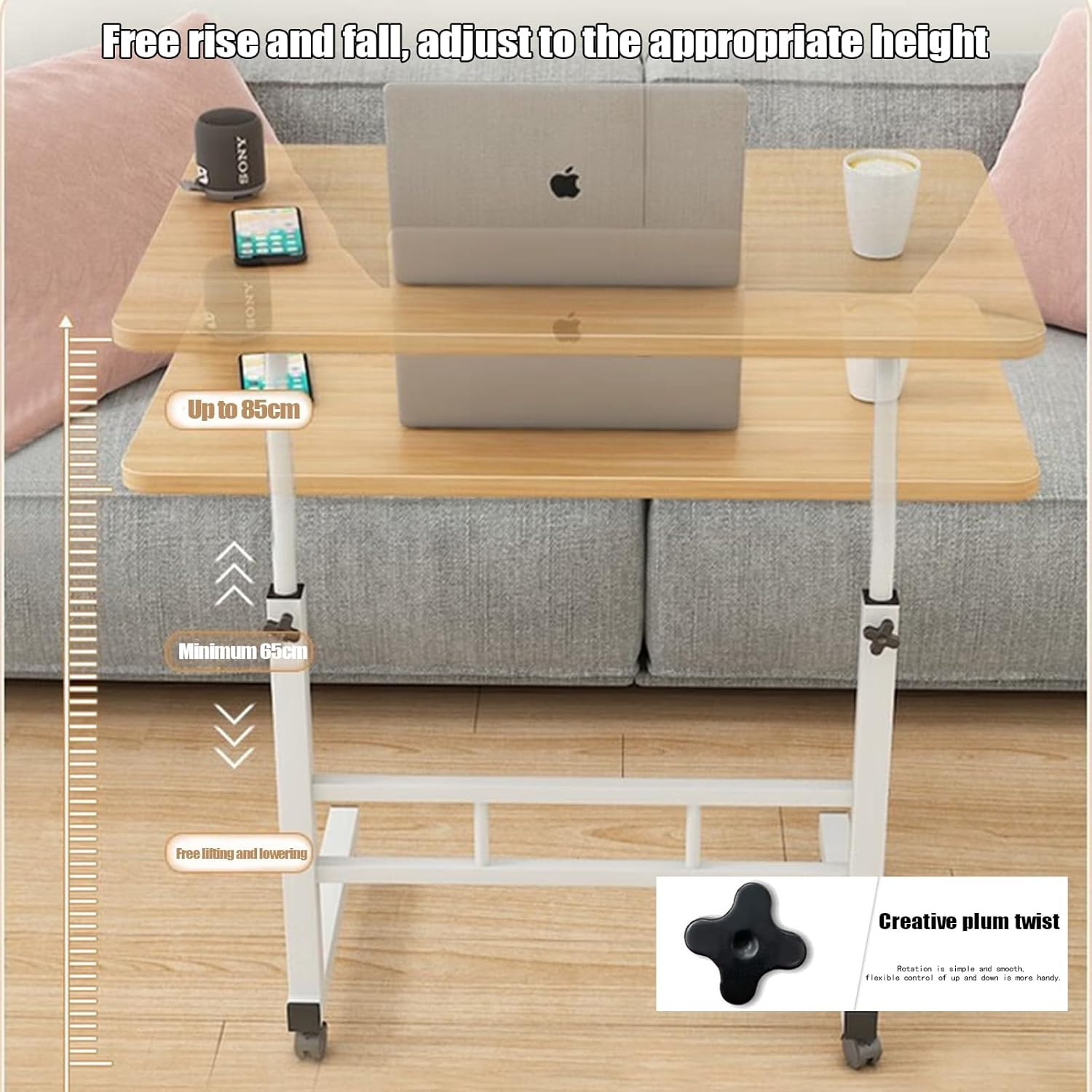 Overbed Bedside Table with Wheels, Adjustable Hospital & Home Use Bed Table, Rolling Laptop Table, Movable Standing Desk, 60Cmx40Cm (Black) image number 1